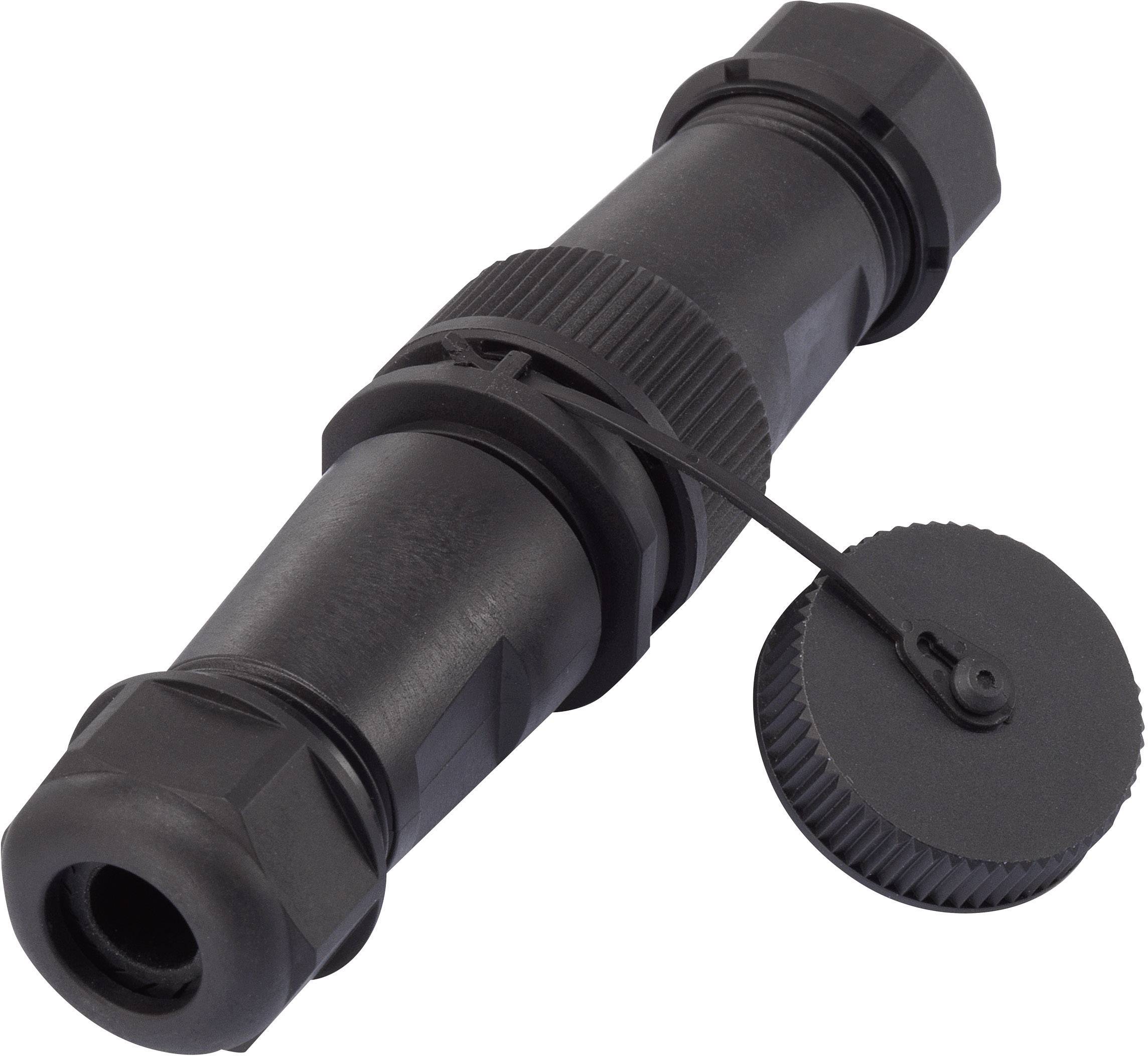 A black cable connector with ribbed surfaces for improved grip, suitable for connecting electrical cables.