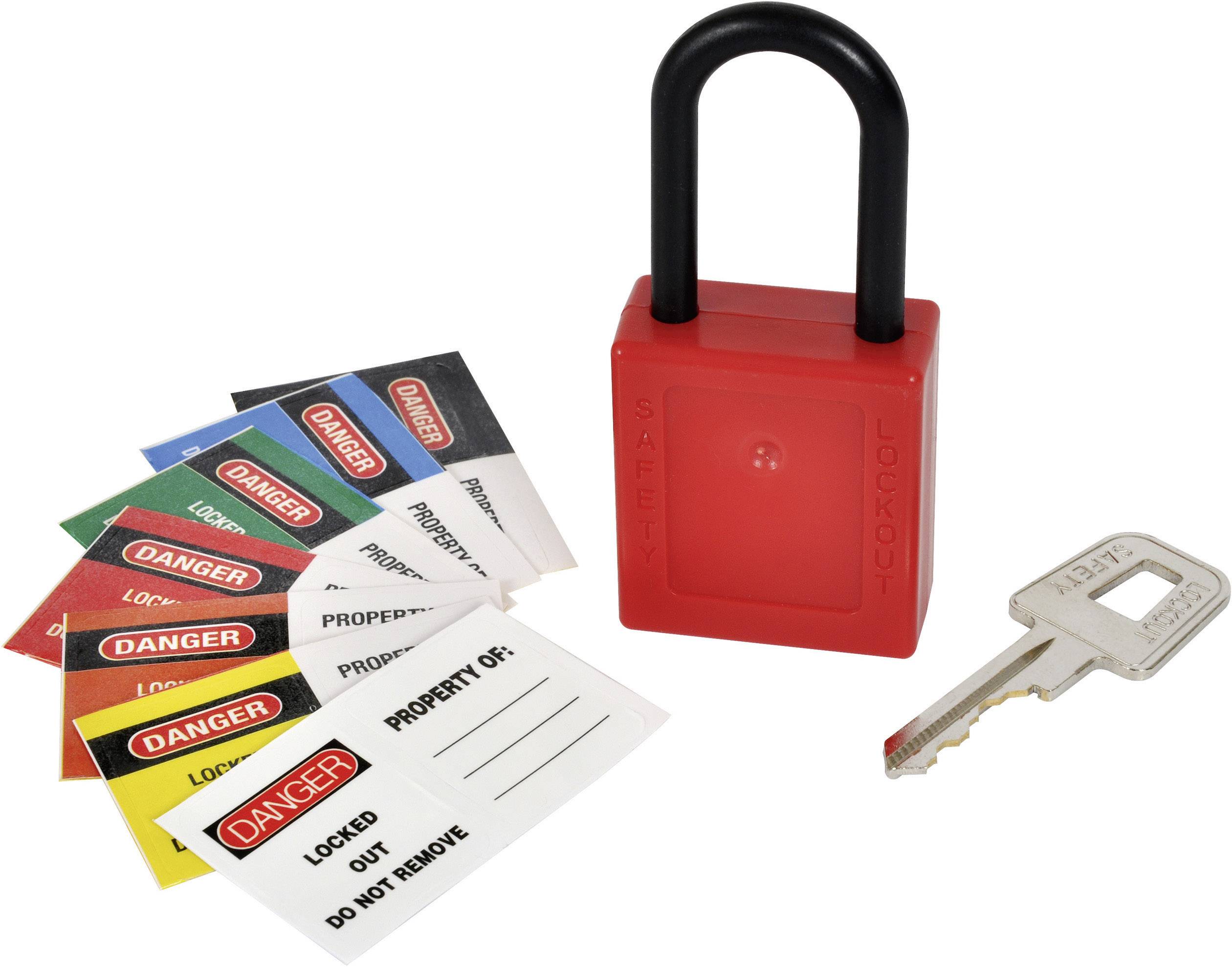A red padlock with a key and several labels. The labels bear warning signs such as 'Danger' and 'Locked Out'.