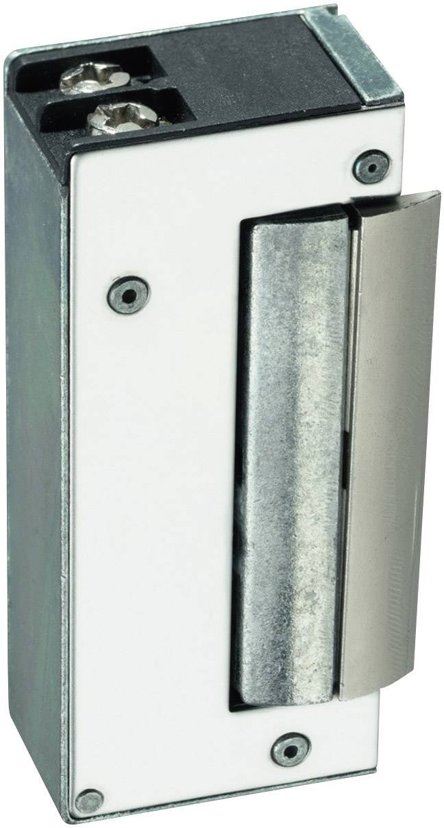 Electric door opener with a metallic casing and visible mechanism, suitable for use in security and access control systems.
