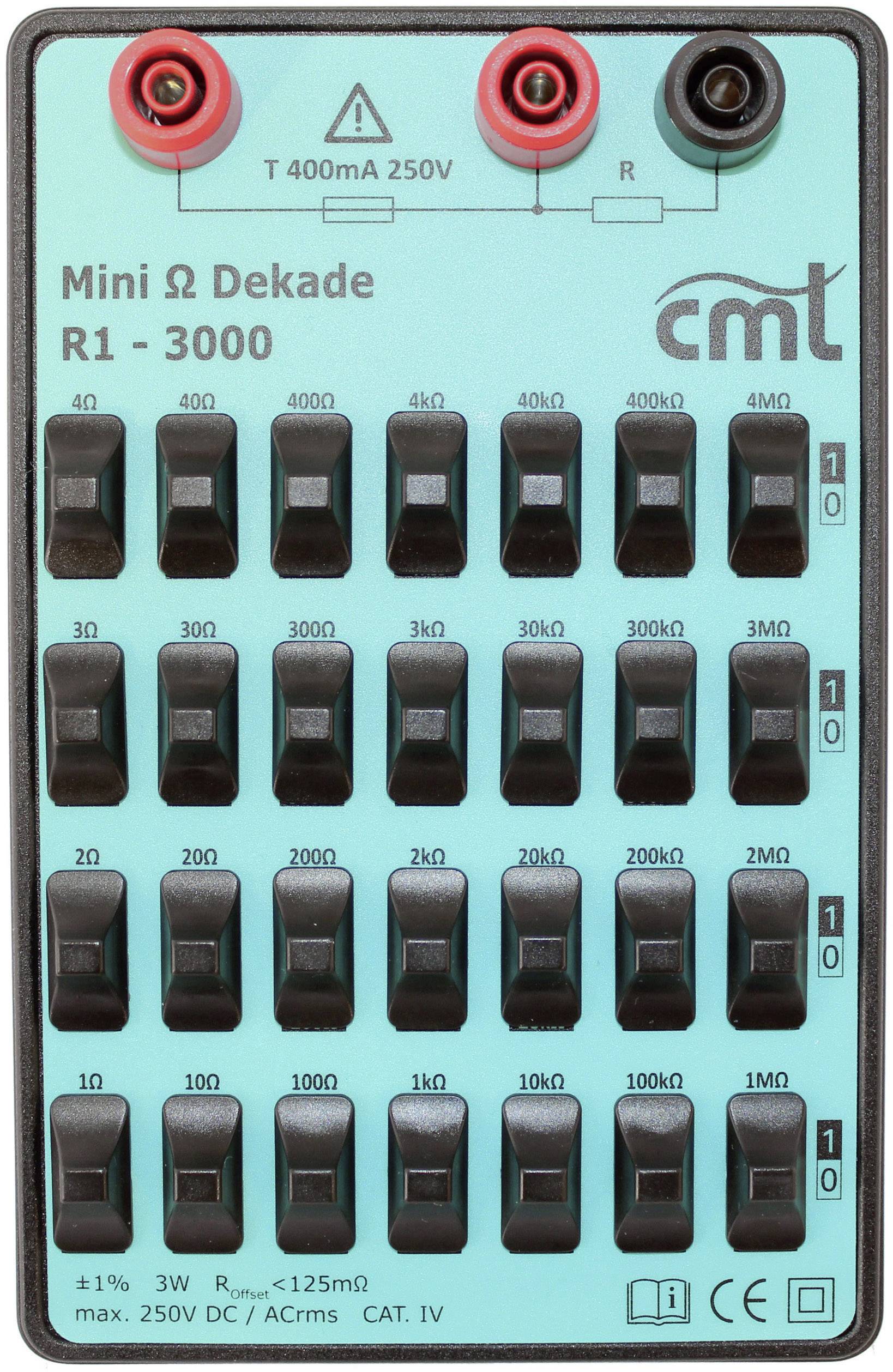 'Mini Ω Decade R1 - 3000'. Electronic device with multiple toggle switches for resistance adjustment. Sockets at the top, labelled 'T 400mA 250V'.