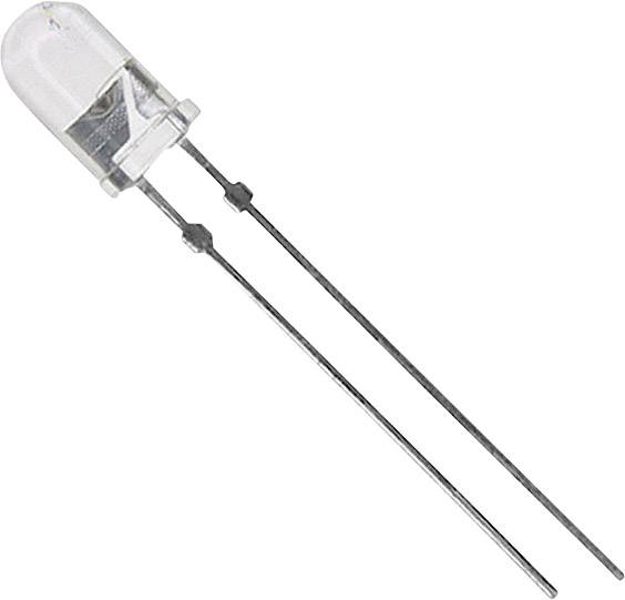 A single light-emitting diode (LED) with a transparent casing and two connecting wires, designed for use in electronic circuits.