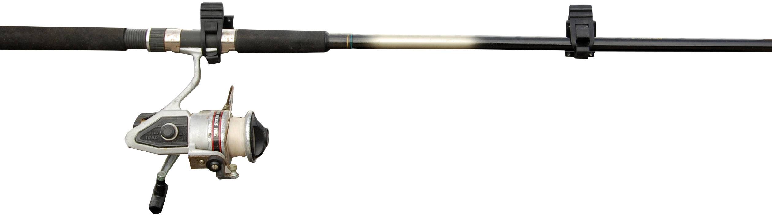 Fishing rod with spinning reel in close-up; black handle, silver reel, and black-and-white rod.