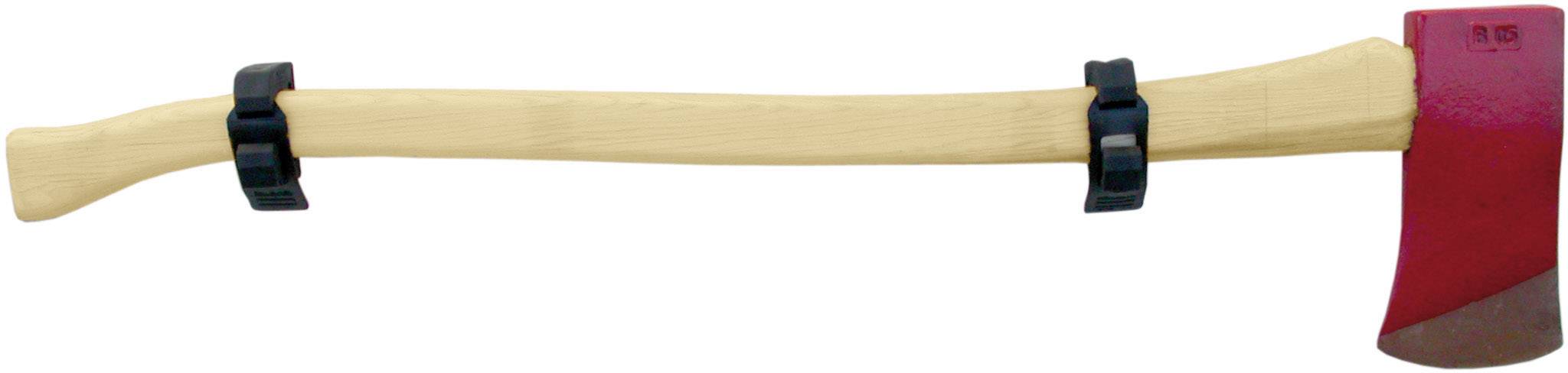 An axe with a wooden handle and a red blade, mounted with two black fixings.