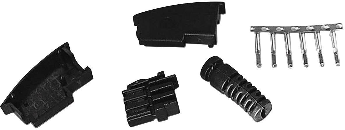 Electronic connector components, including housing parts, plug contacts and sockets, arranged on a white background.