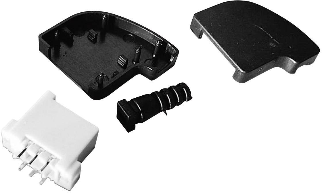 A multi-part housing, consisting of a white connector, a black upper and lower housing part, and a black cable with wire end ferrules.