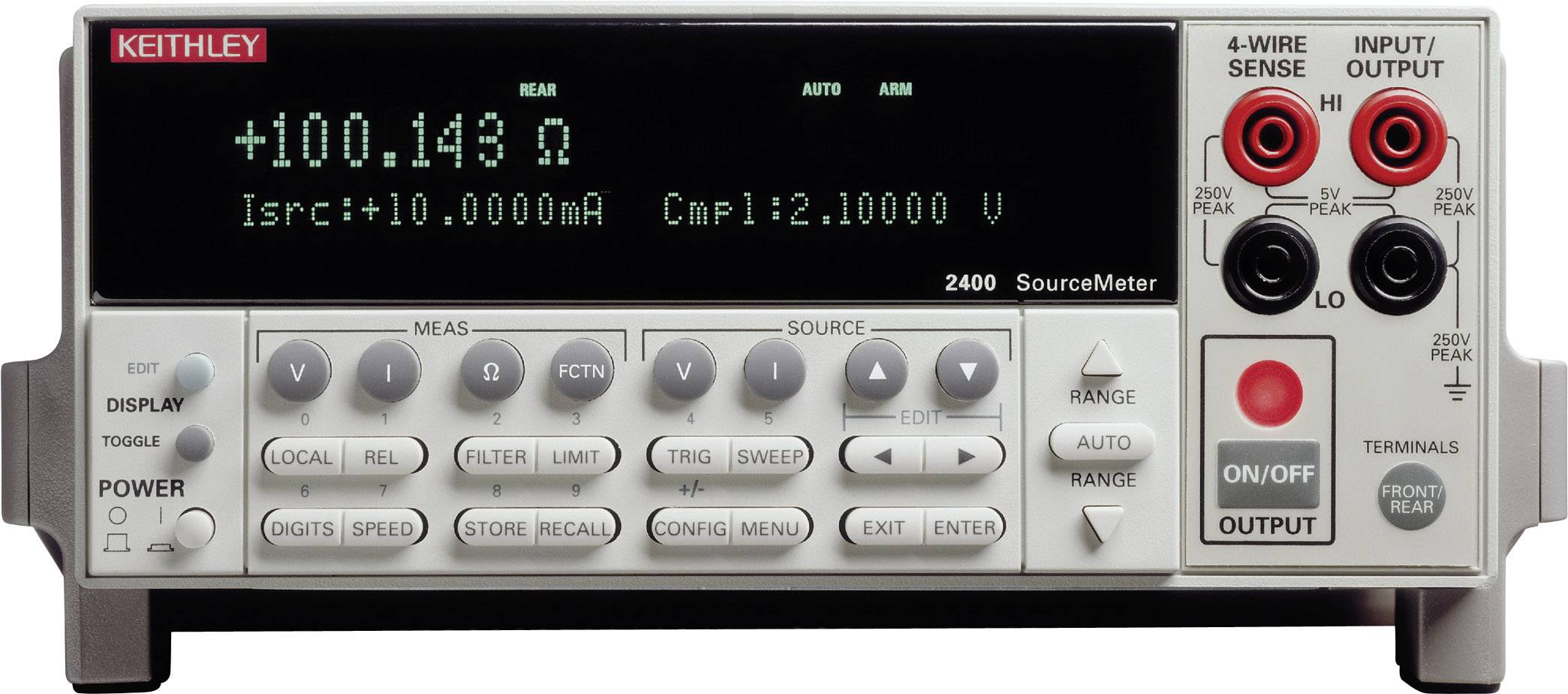 Measuring device with digital display shows resistance of +100.143 ohms. Buttons for range adjustment and inputs are visible.