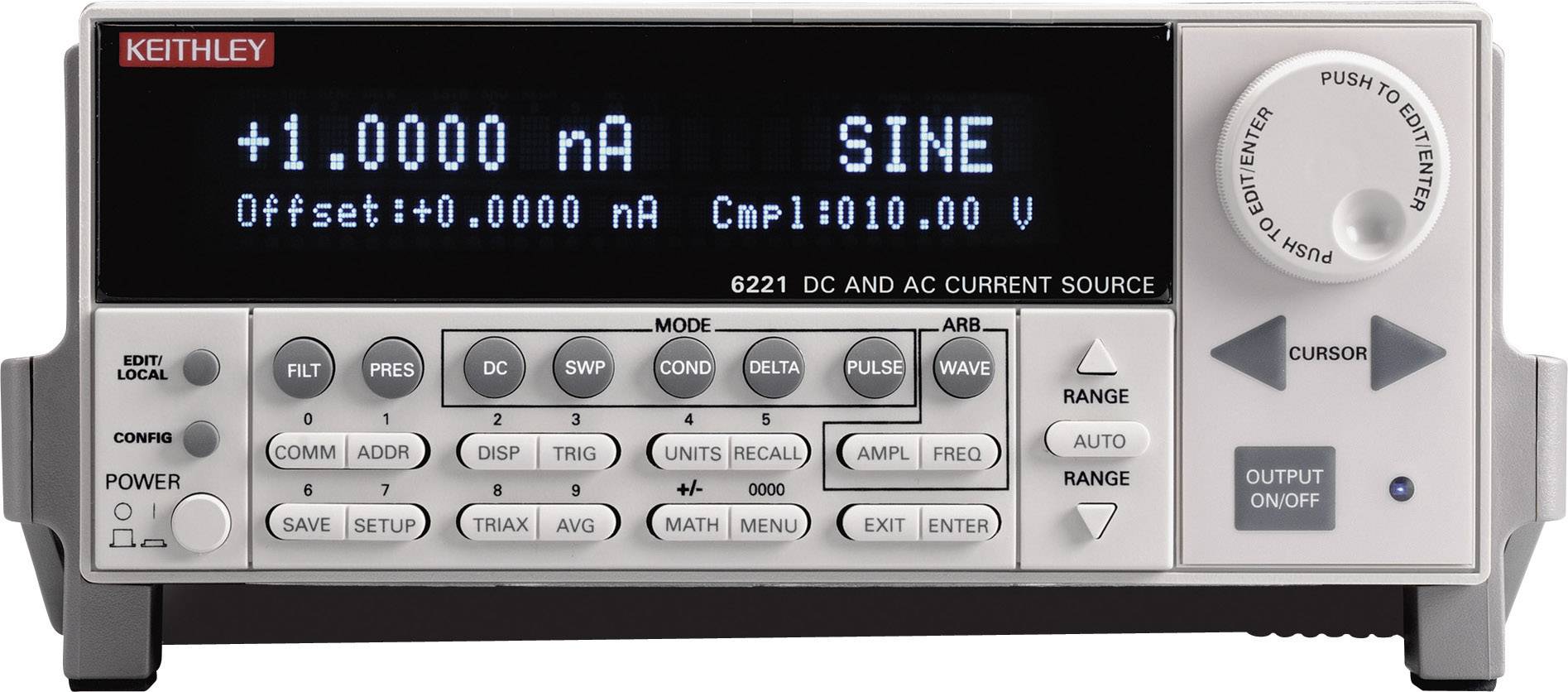 'Keithley 6221 Current Source' with digital displays. Screen shows: '+1.0000 mA SINE.' Buttons available for various settings.
