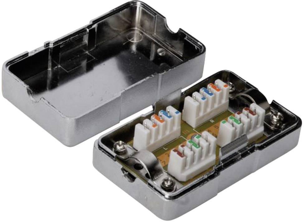 Metallic junction box with an open lid, revealing internal wiring connections with colour-coded cables.