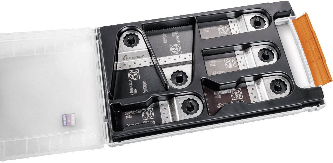 An opened plastic case with various saw blades securely arranged in moulded foam inserts.