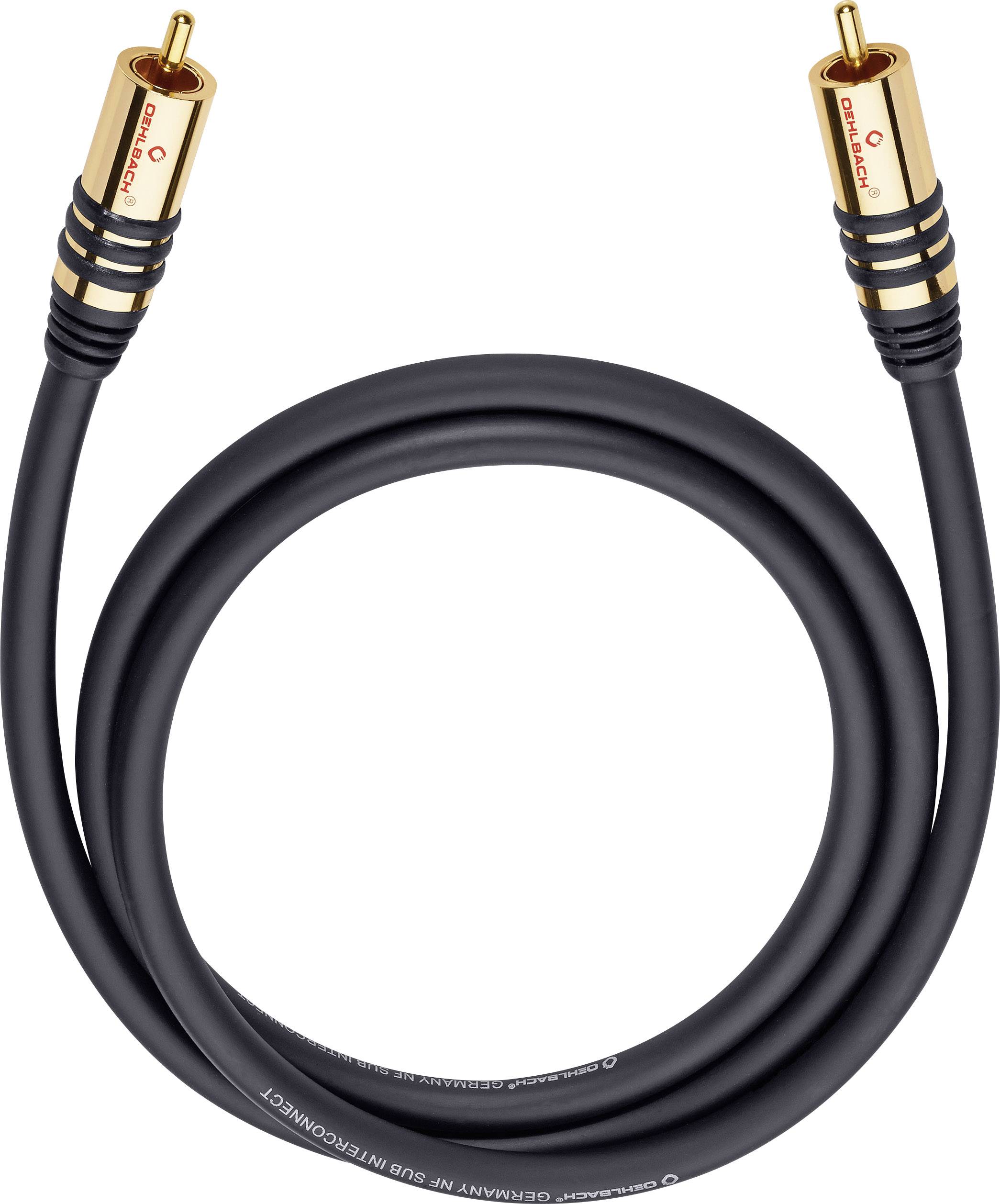 Black RCA audio cable with gold-plated connectors, shown coiled.