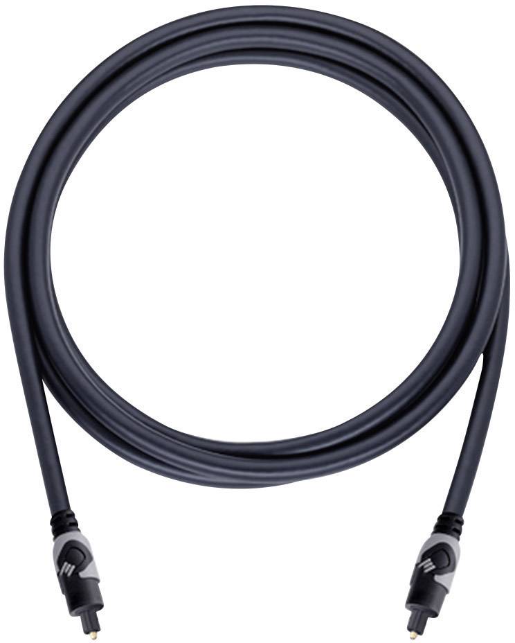 Black optical audio cable with two plugs, suitable for digital audio signal transmission, on a white background.