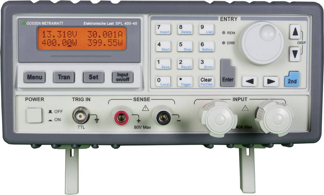 Electronic load display with values: Voltage 13.318V, Current 30.001A, Power 399.55W. Device with various control elements.