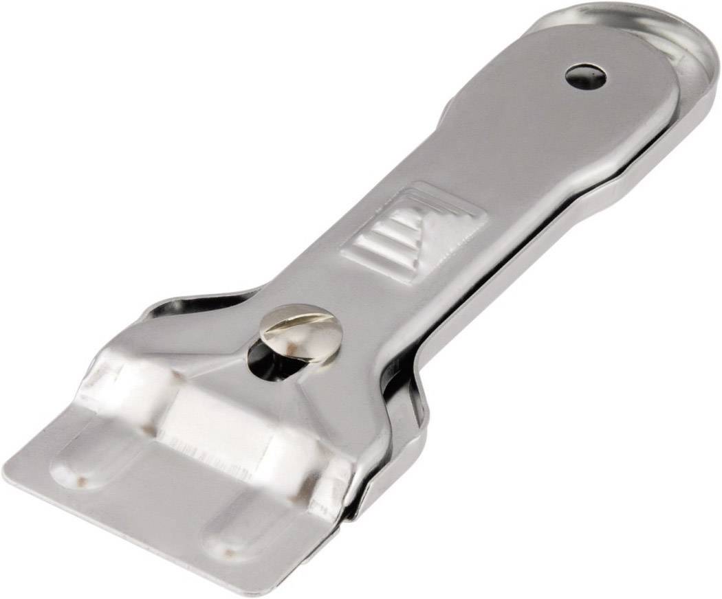 A silver metal scraper with a sharp blade used for cleaning and removing residues from smooth surfaces.
