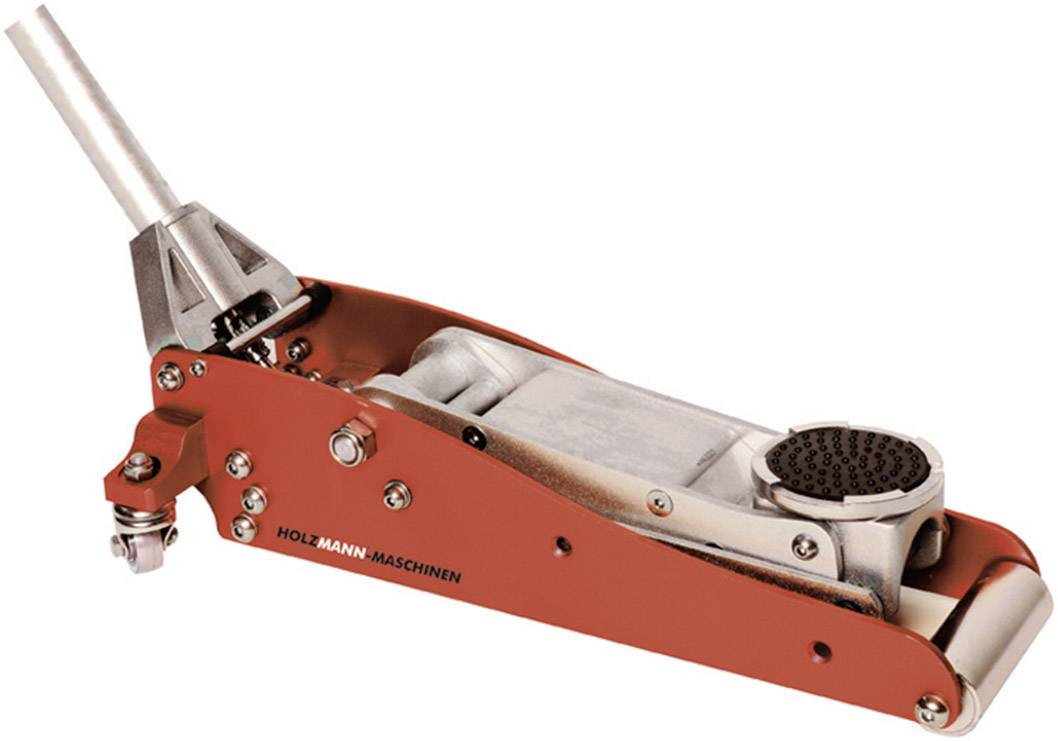 Red hydraulic jack by HOLZMANN-MACHINES, suitable for lifting vehicles, with hydraulic lifting mechanism.