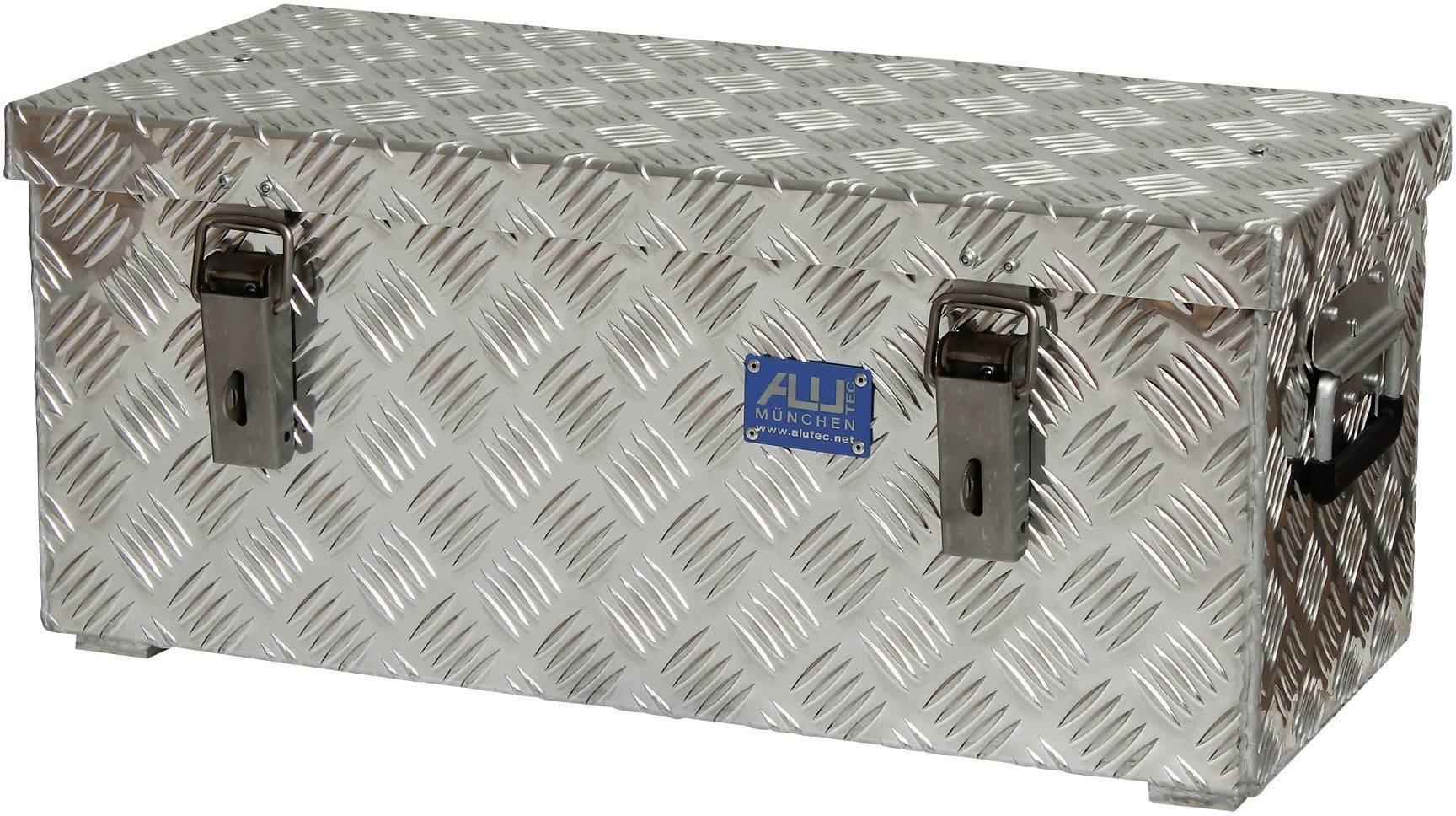 Metal case with diamond-pattern texture, lockable with two folding clasps on the front.