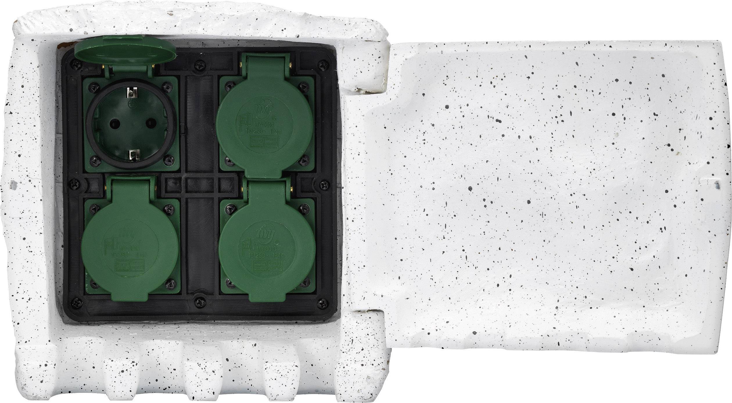 Outdoor socket with four green covers, in a coarse-textured, rectangular white box with an open lid.