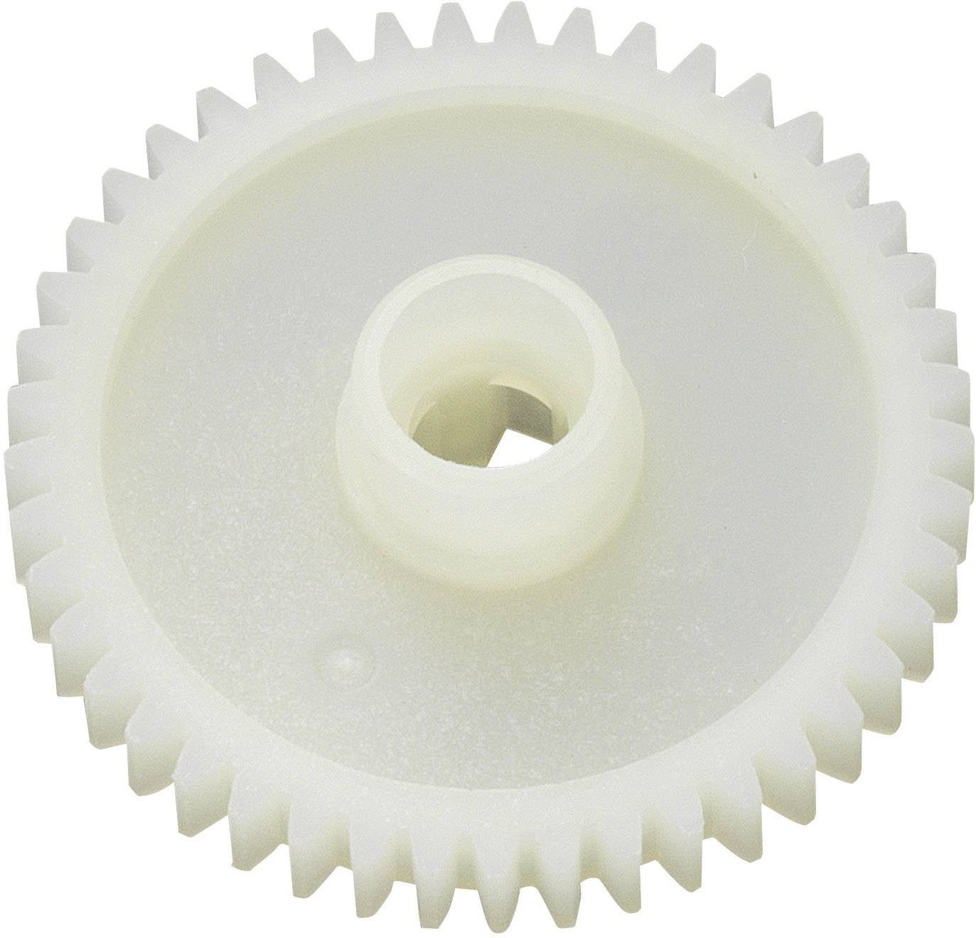 A white plastic gear that could be part of a machine or mechanical device. It has numerous evenly distributed teeth.