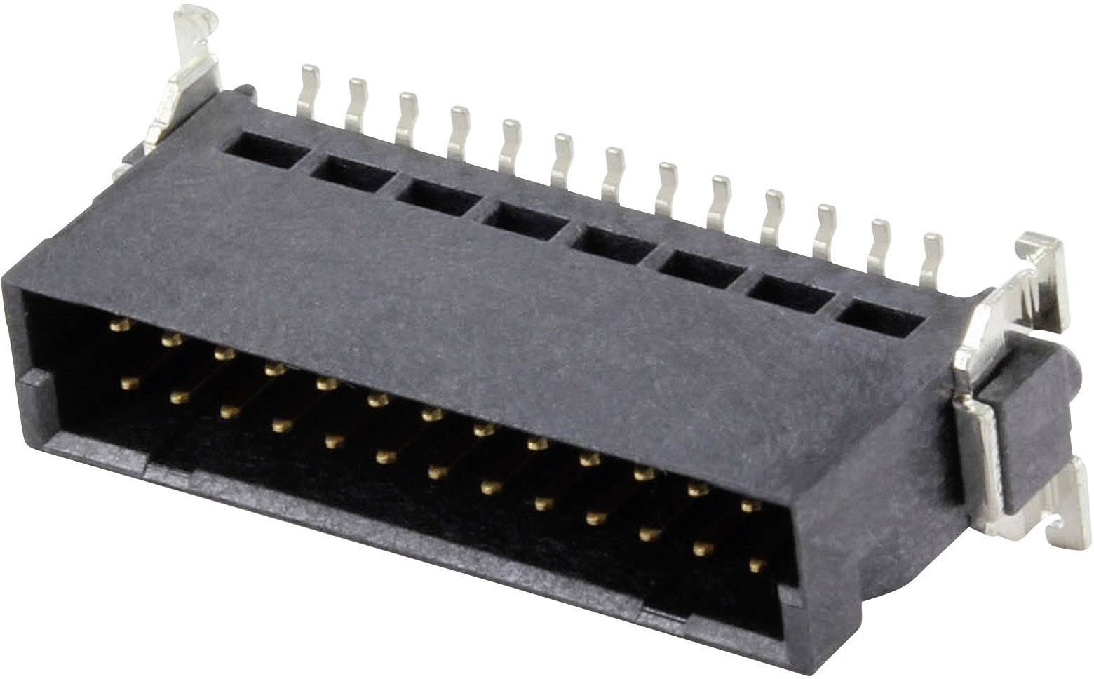 A black connector with numerous metal pins, used for electronic connections in devices.