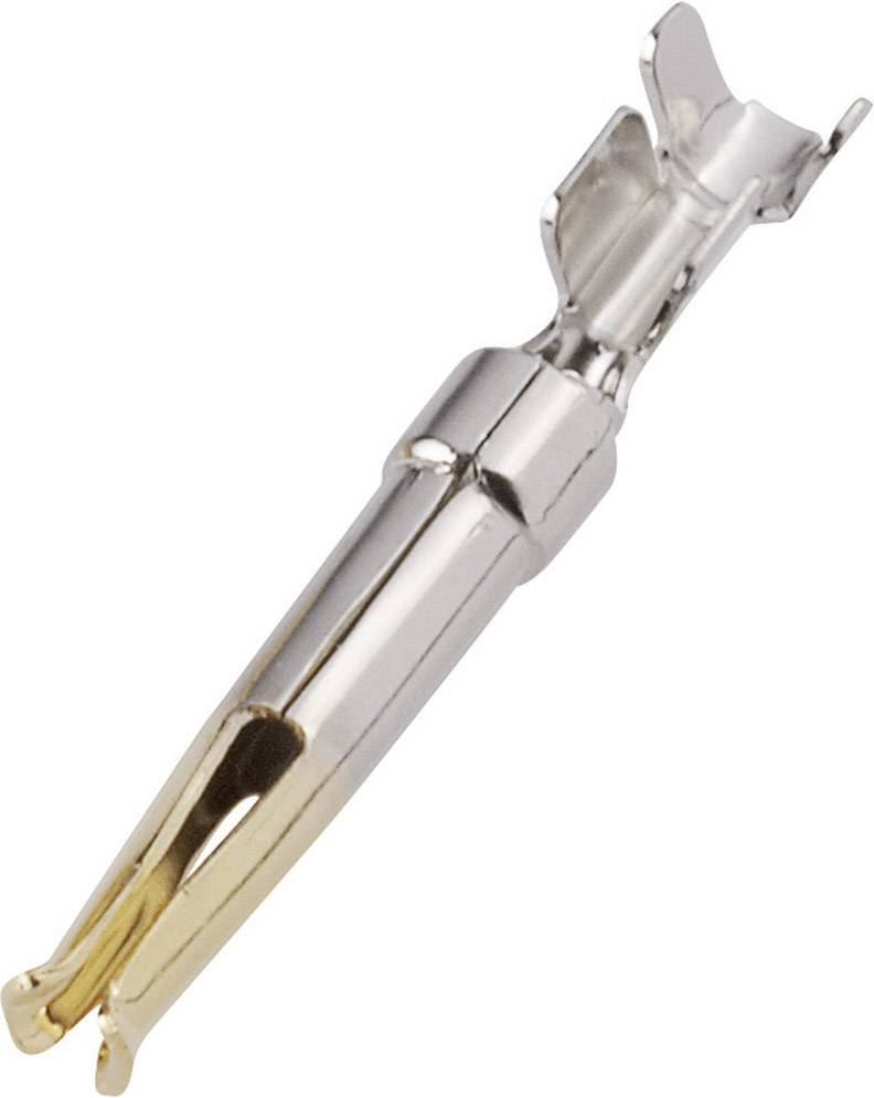 A silver metal plug with golden ends, commonly used in electronics. Two open clips are located at the top.