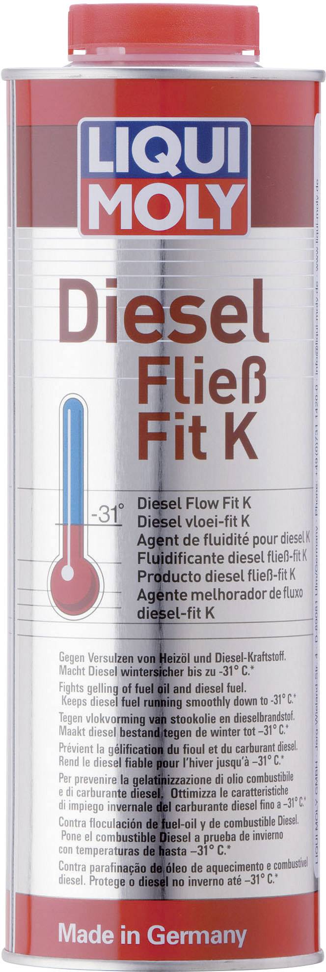 The packaging shows a tin of 'Liqui Moly Diesel Flow Fit K', a diesel additive. It protects against frost down to -31 degrees and is manufactured in Germany.