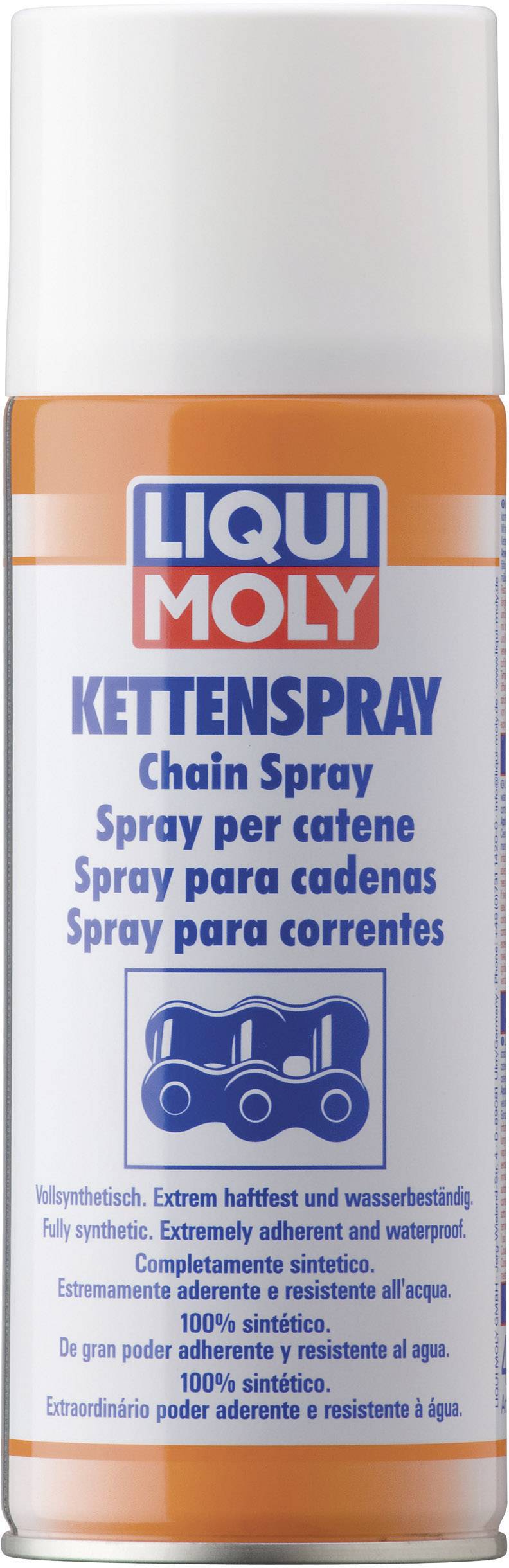White spray can with an orange and blue label from the brand 'Liqui Moly', labelled with 'Chain Spray' in multiple languages.