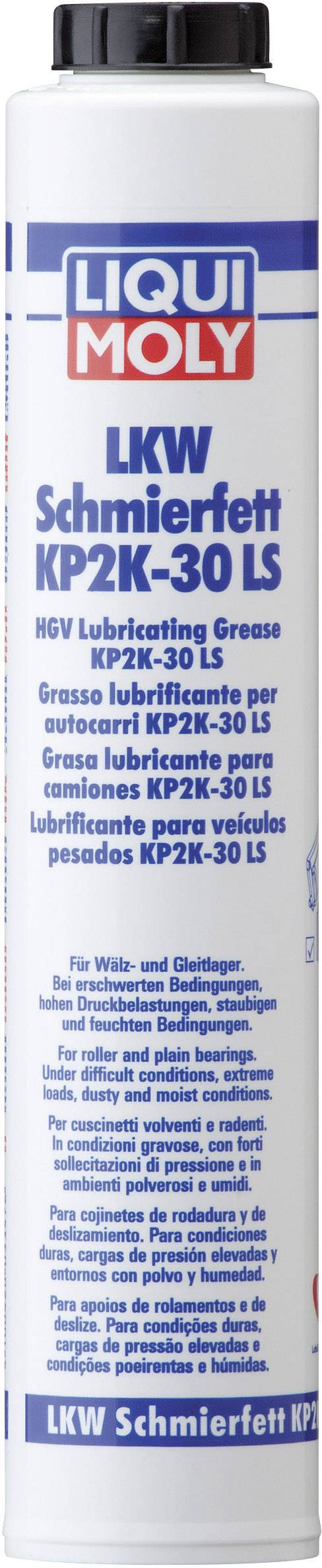 Lubricating technology cartridge by Liqui Moly brand. Blue and white packaging with inscription 'LKW Lubricating Grease KP2K-30 LS' in multiple languages.