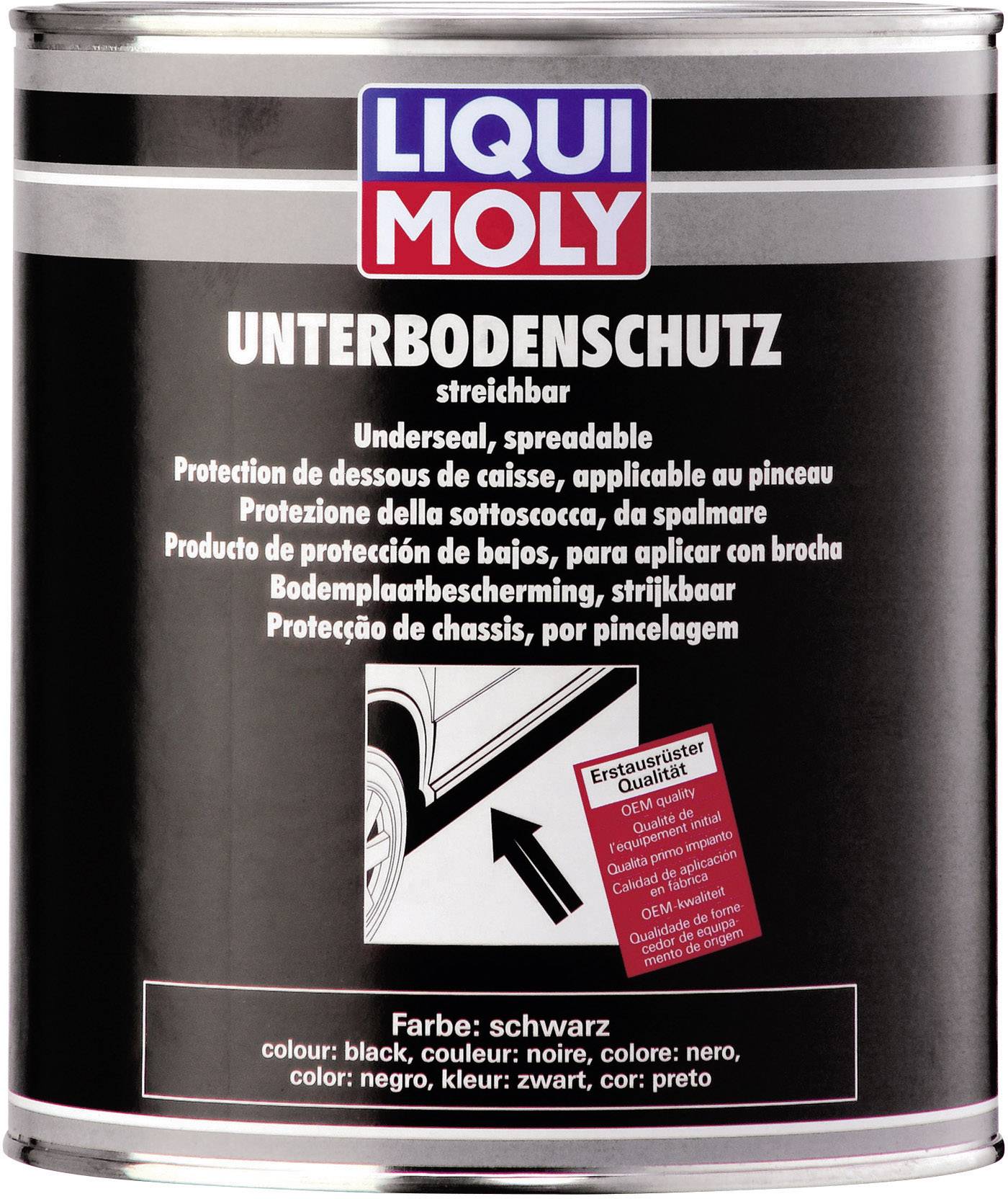A tin of 'Liqui Moly Underbody Protection', brushable, colour black. Text in multiple languages for application instructions and warnings.