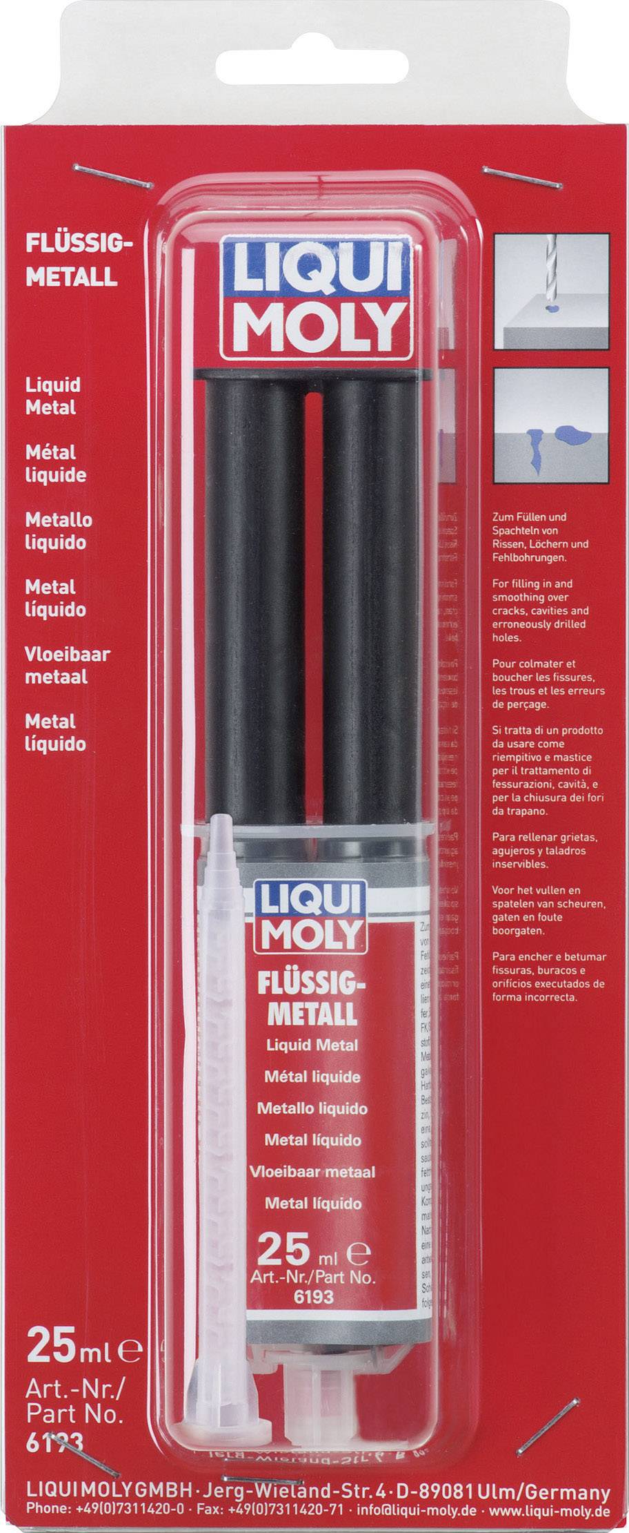 Liqui Moly Liquid Metal bottle in red packaging, 25 ml. Used for repairing metal parts. Includes application nozzle.