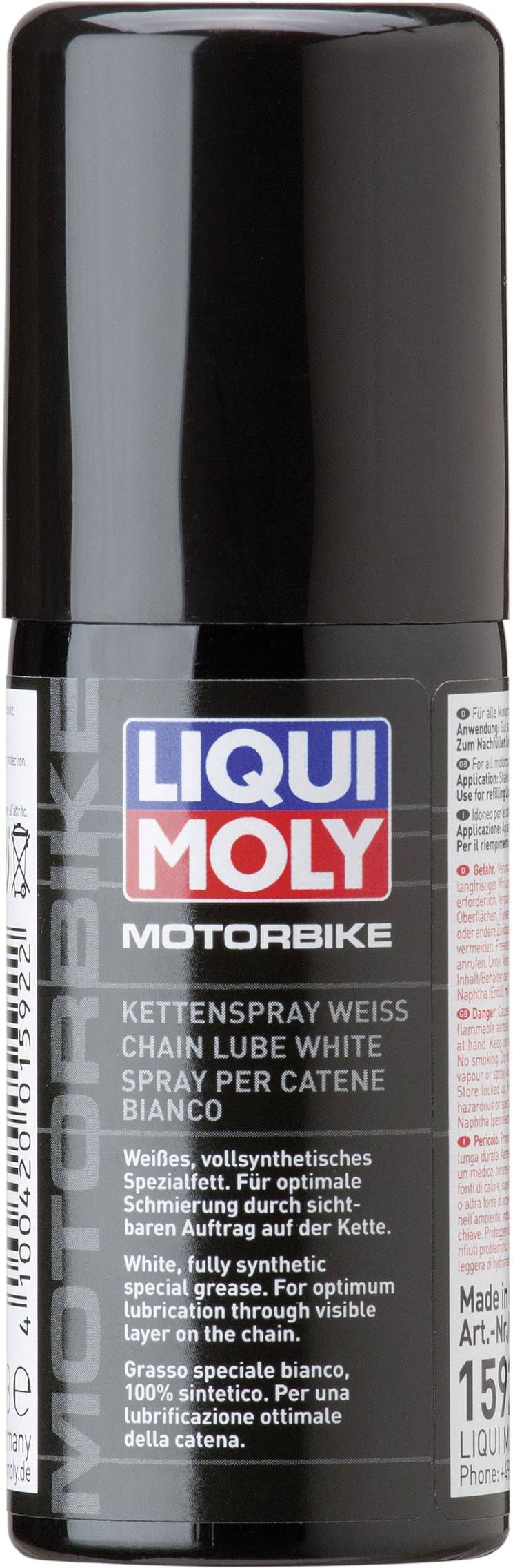 Black and white spray can 'LIQUI MOLY MOTORBIKE Chain Spray White,' 150 ml, for motorcycle chains. Made in Germany.