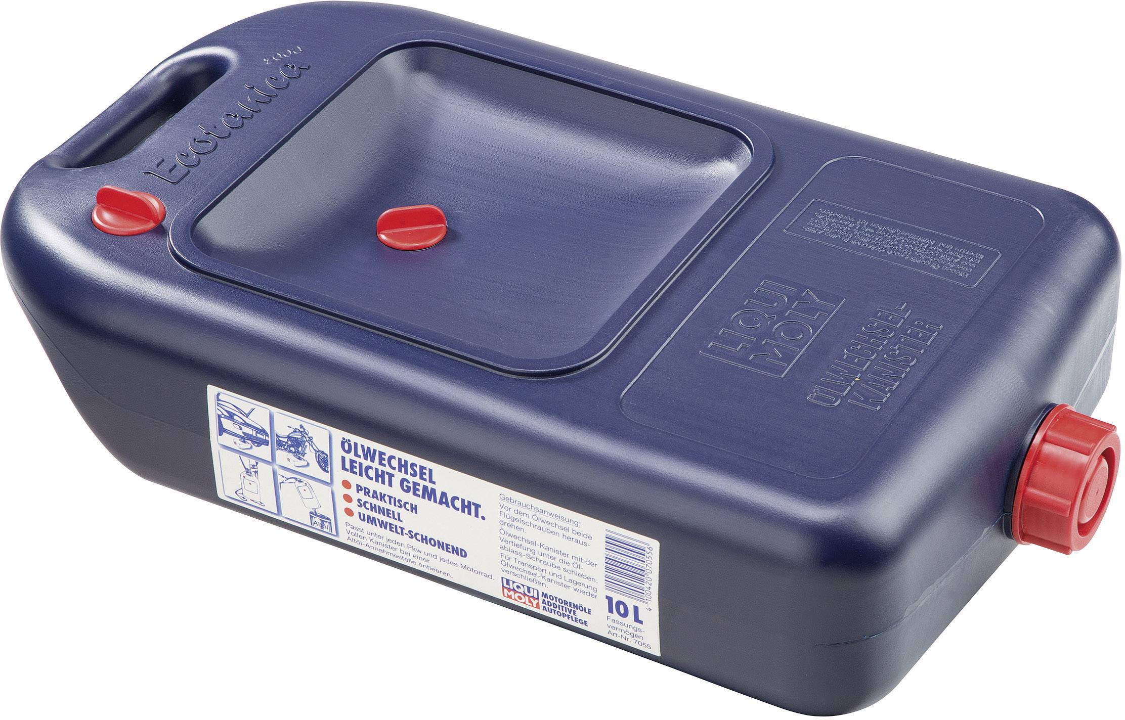Blue plastic oil collection container with red lid. Text: 'Oil change made easy', capacity 10 litres.