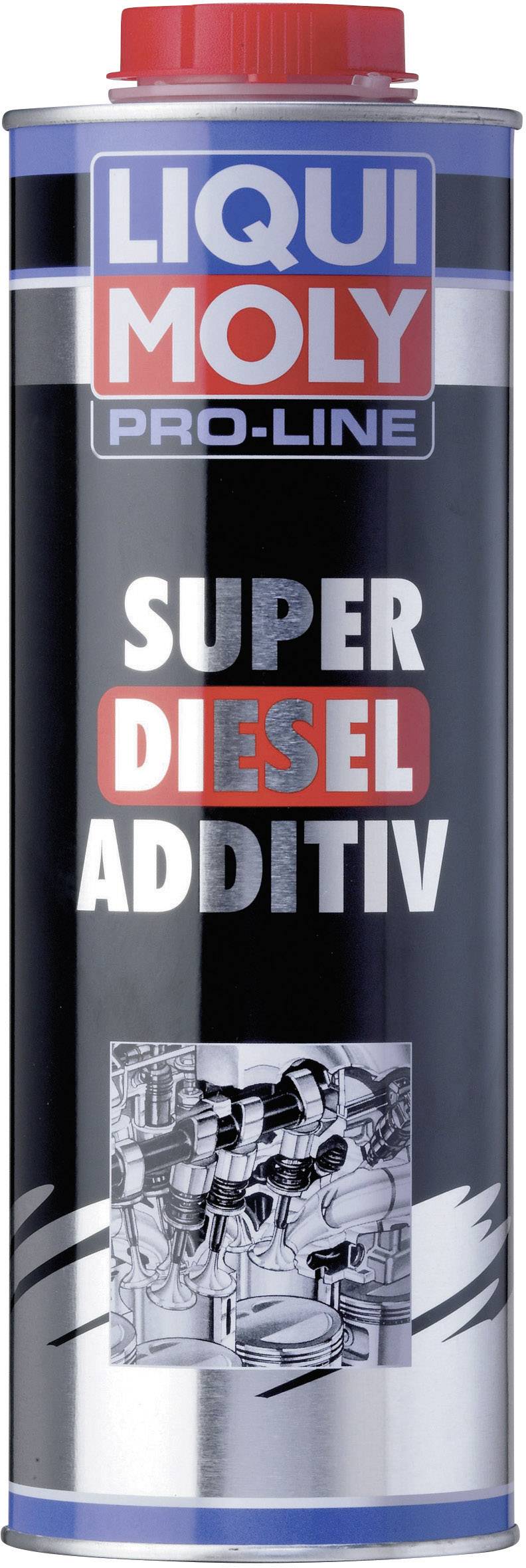 Tin with label 'Liqui Moly Pro-Line Super Diesel Additive'. Red label, black design, illustration of engine parts at the bottom.