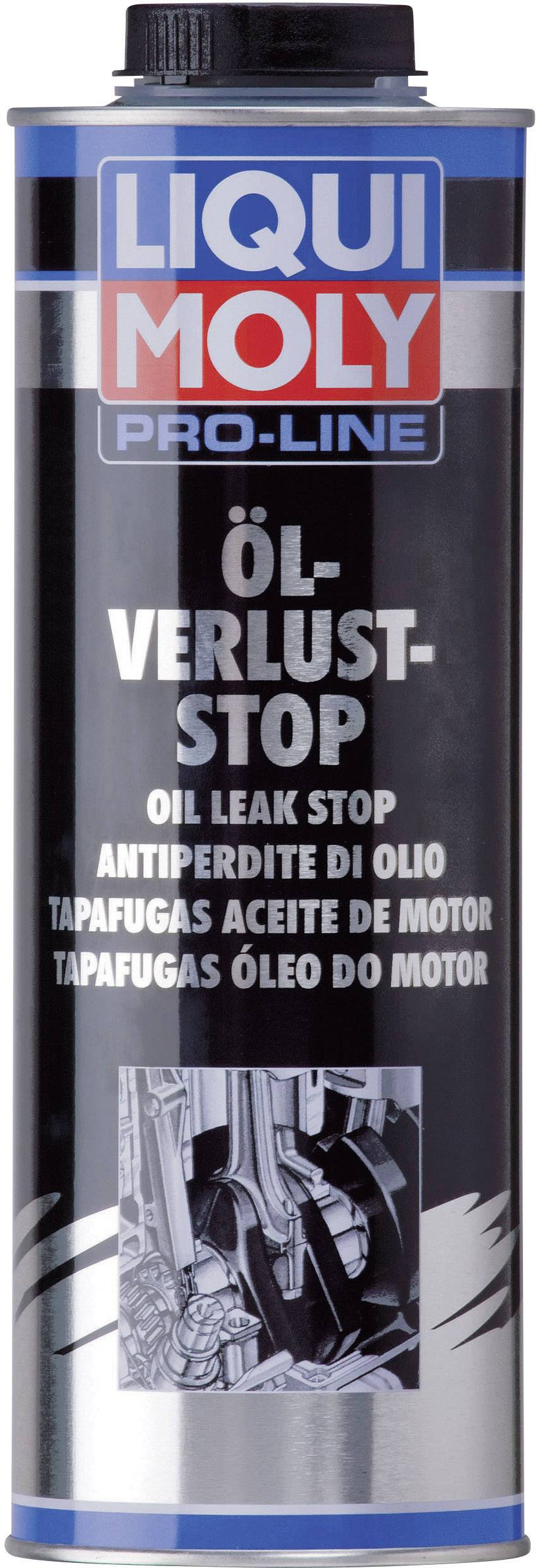 A tin of 'LIQUI MOLY Pro-Line Oil Loss Stop', an additive to reduce oil loss in engines, text in multiple languages.