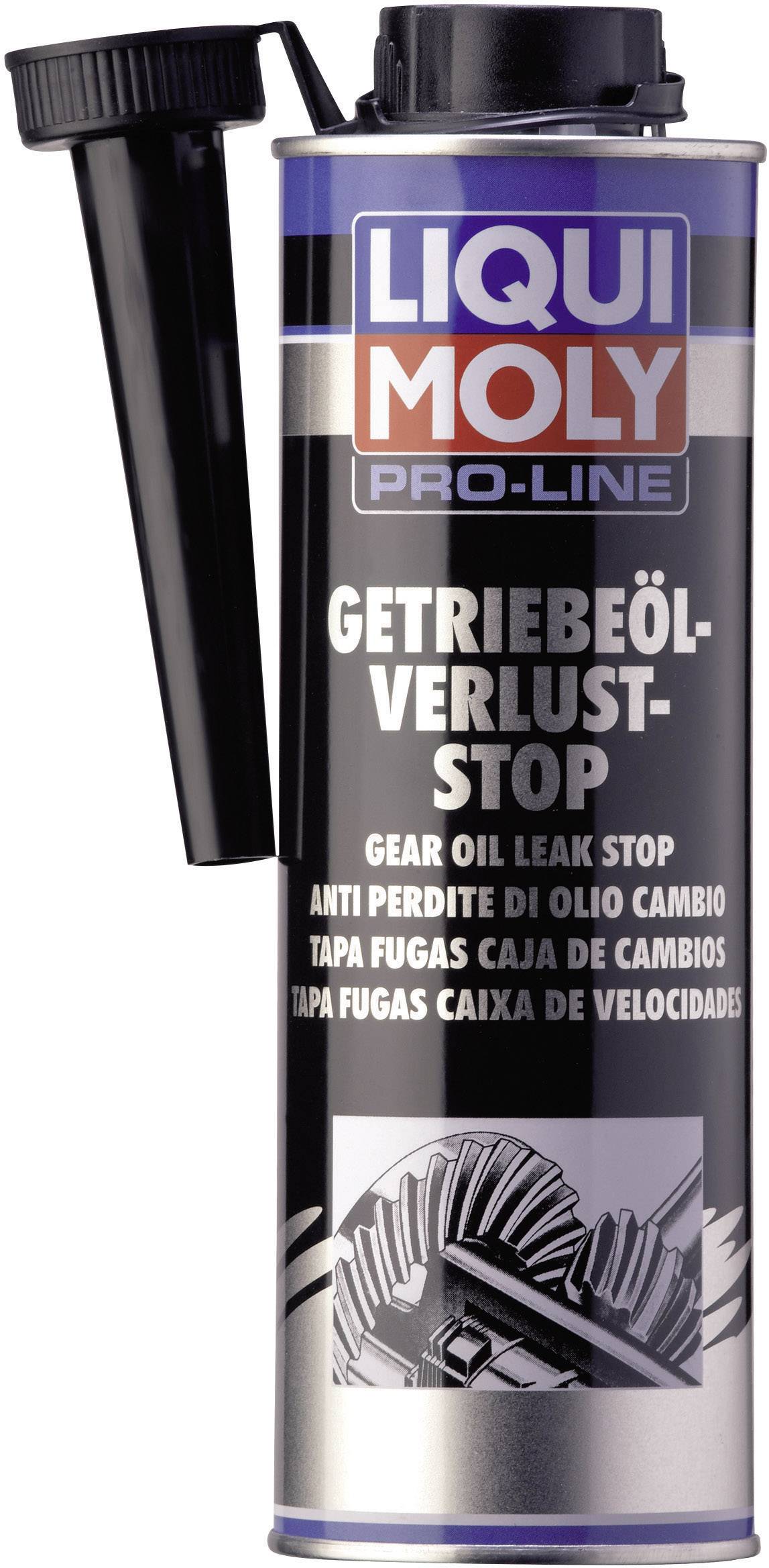 Tin with label 'LIQUI MOLY Pro-Line Transmission Oil Loss Stop', with an image of a gear wheel below. Product designed to prevent transmission oil loss.