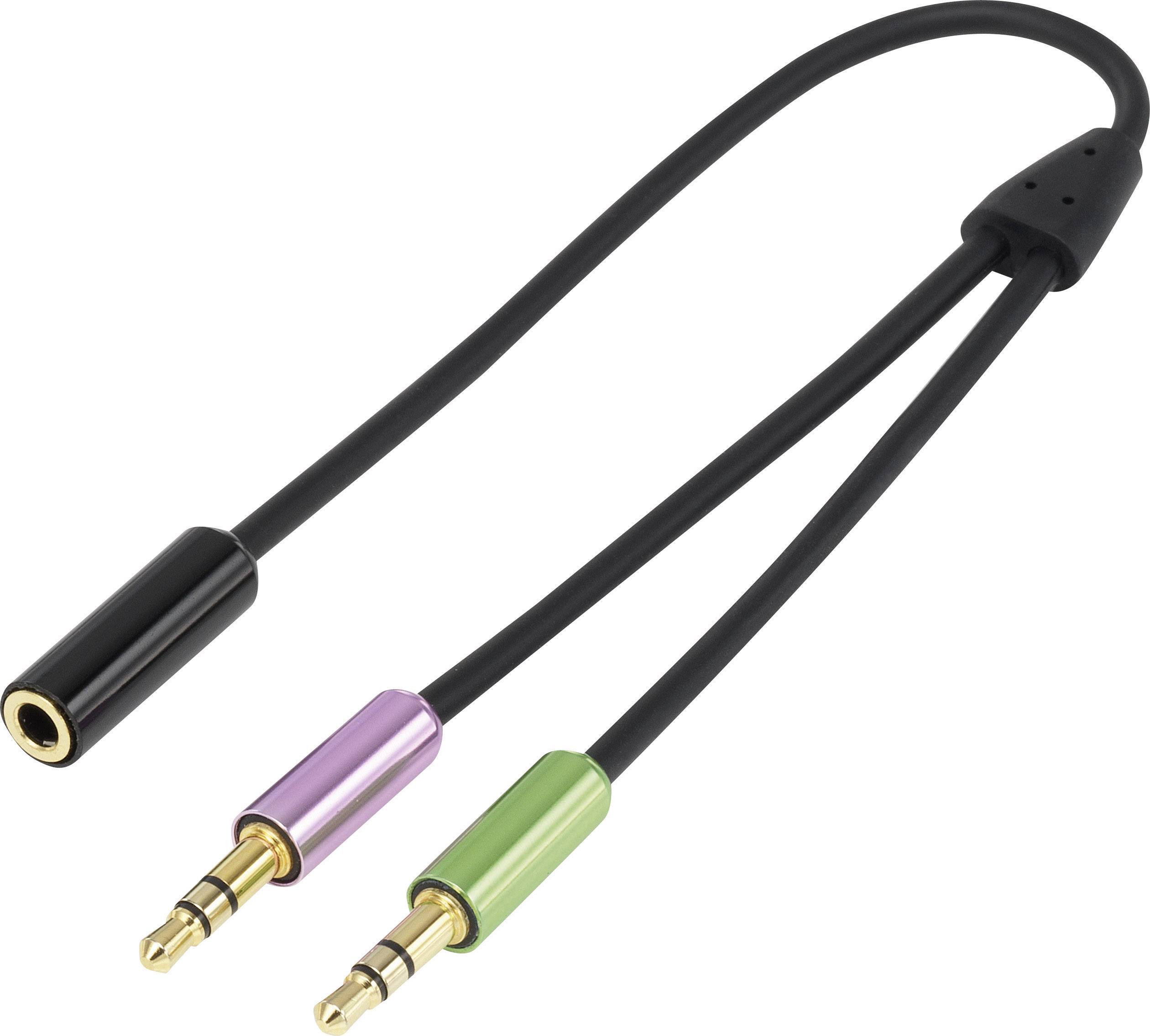 Audio splitter with a 3.5mm jack plug and two sockets. One is green, the other purple, for headphones and microphone.
