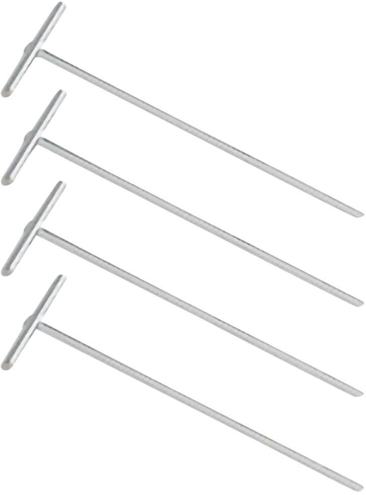 Four silver tent pegs with T-handles in a diagonal arrangement.