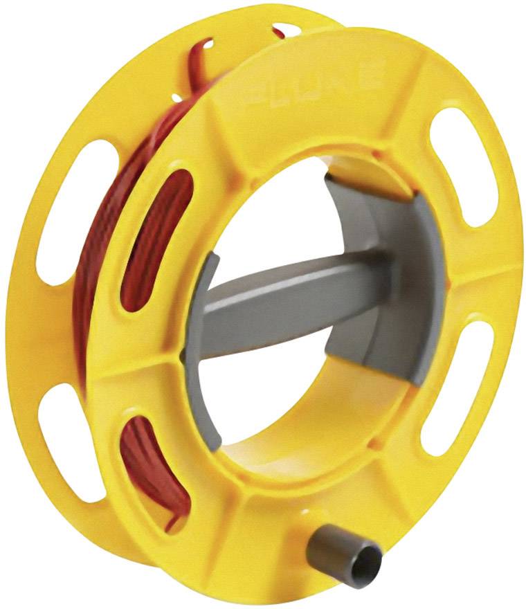 Yellow cable dispenser with red cable. Used for organising and storing cables to prevent confusion.