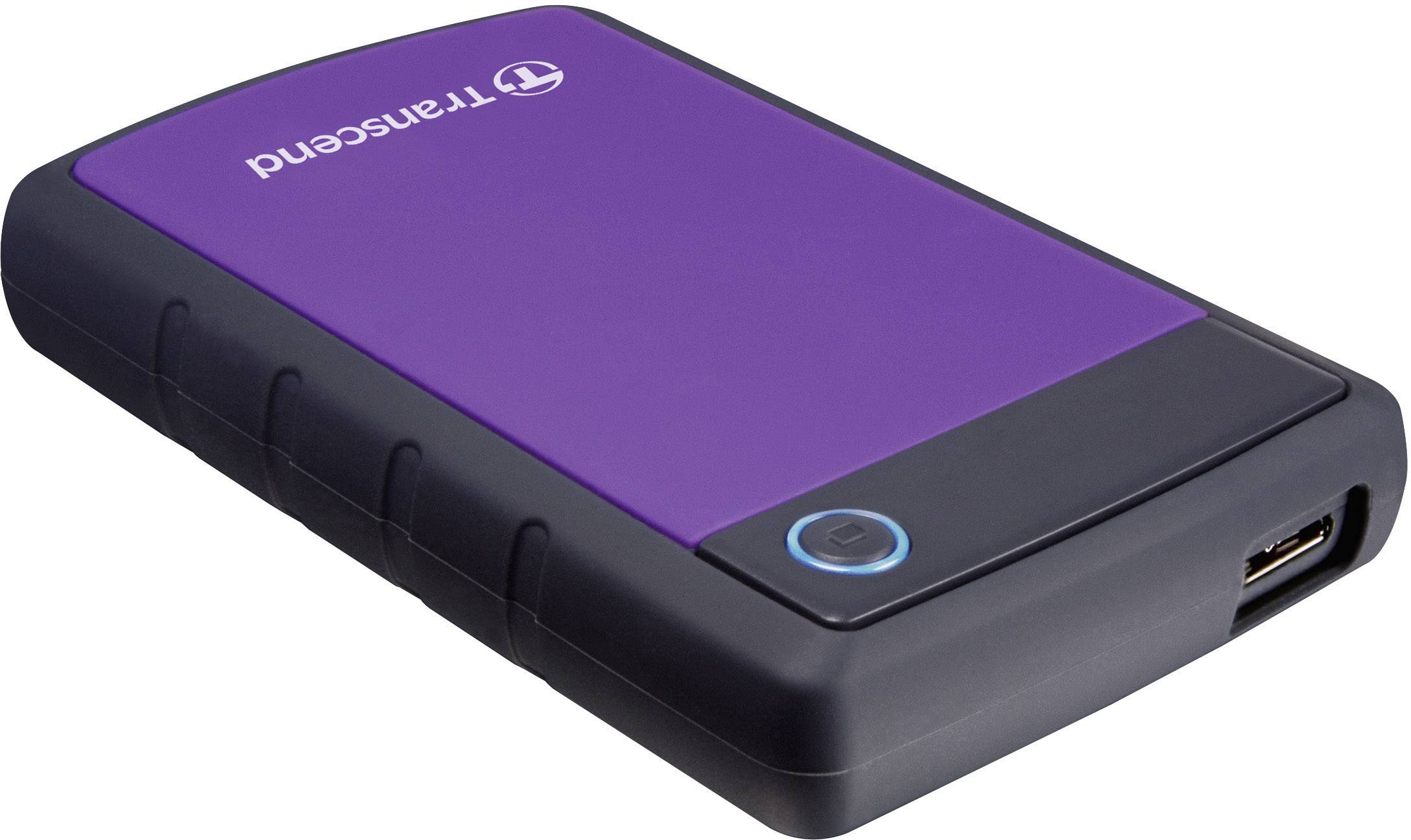 External hard drive in purple and black, with the brand name 'Transcend' on the top surface, with USB port visible on the side.