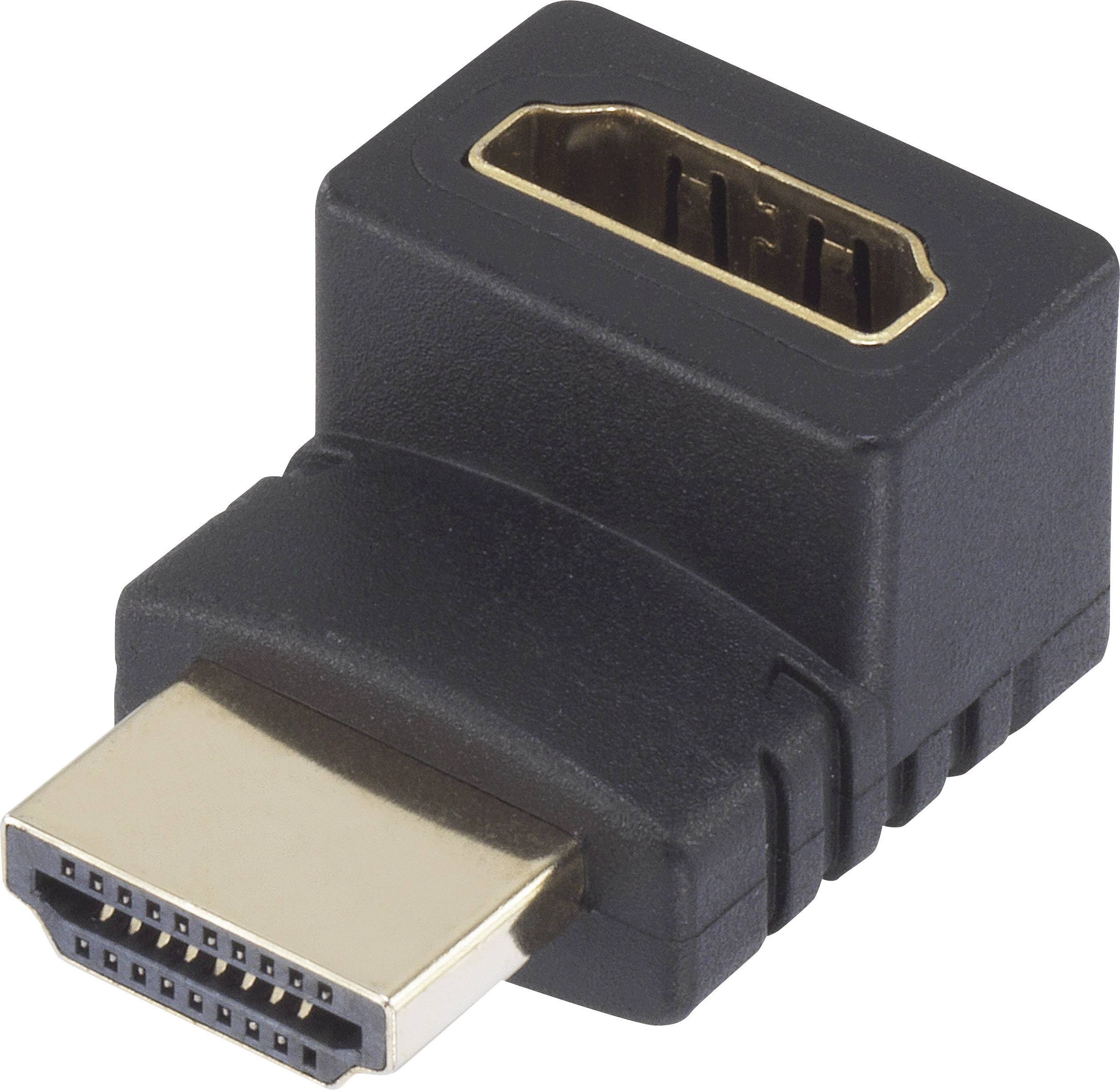 A black HDMI right-angle adaptor with a male plug and a female socket, designed to facilitate connections in confined spaces.