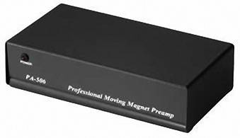 A black, rectangular device with the inscription 'Professional Moving Magnet Preamp PA-506'.
