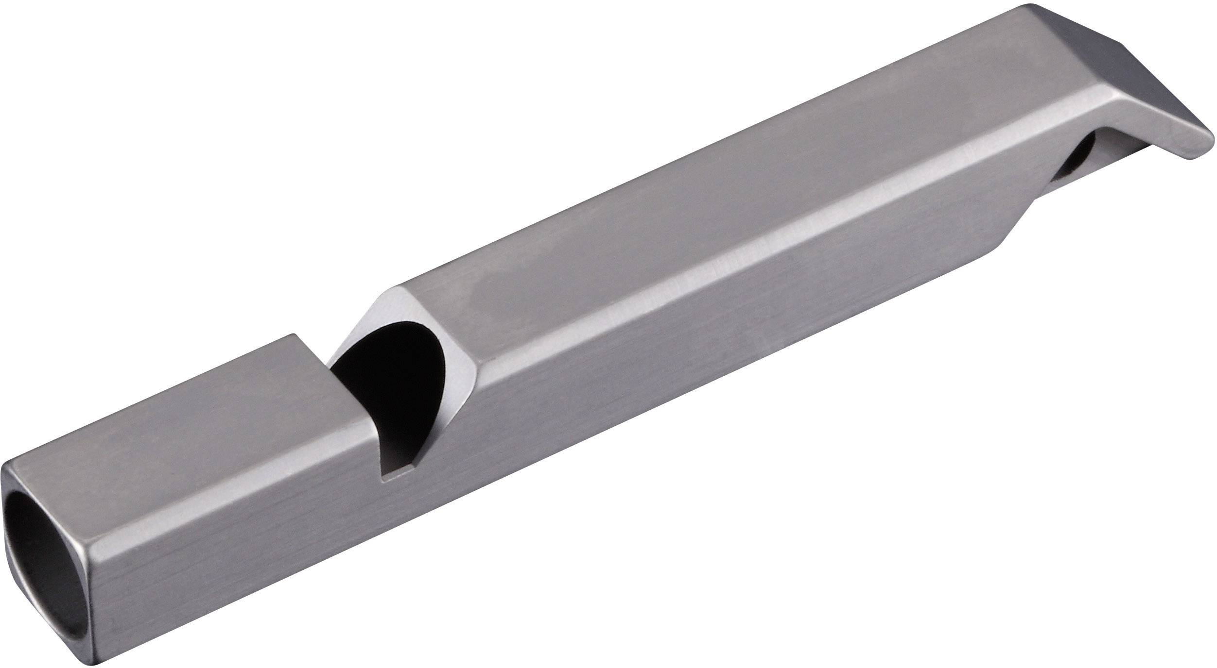 A rectangular metal whistle with two openings, typically used as a signalling device in various activities or emergency situations.