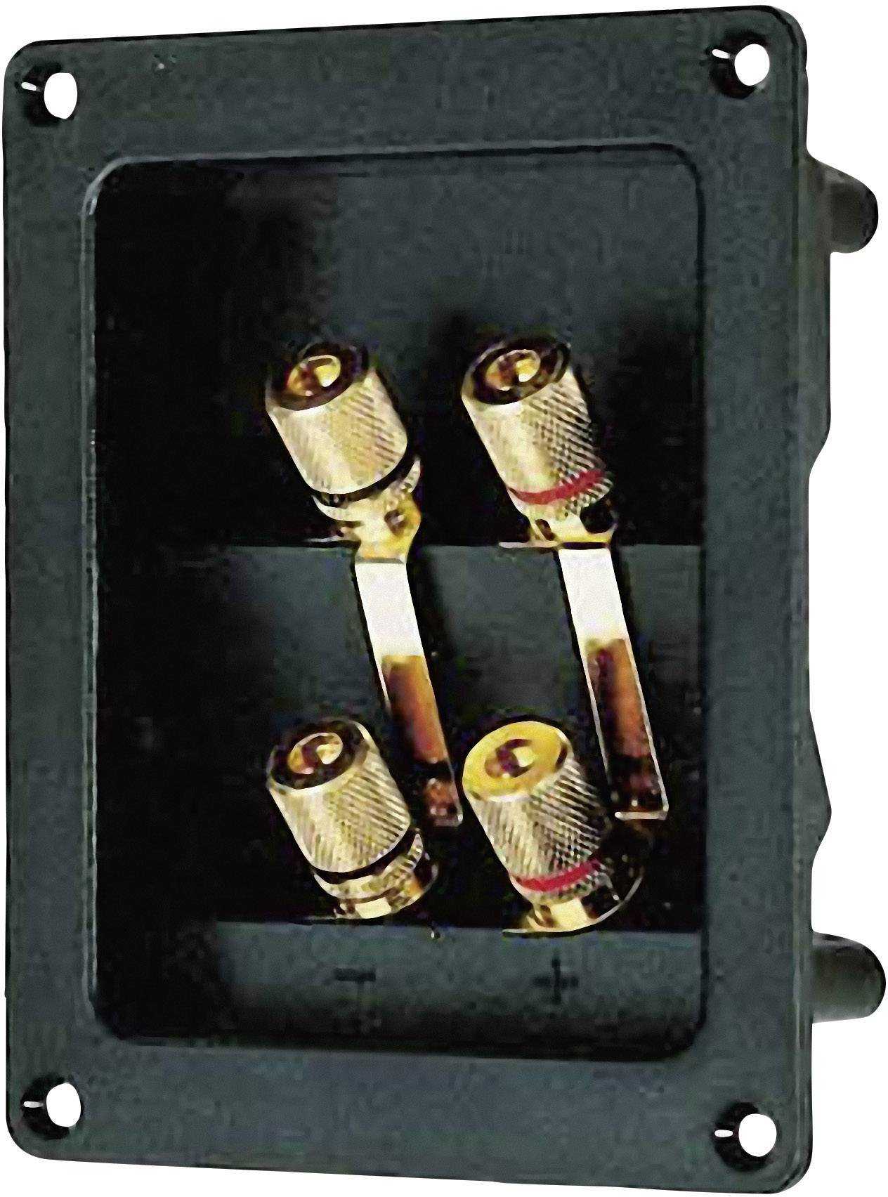 A black rectangular connection panel with four gold-plated speaker terminals in two pairs, each with positive and negative markings.