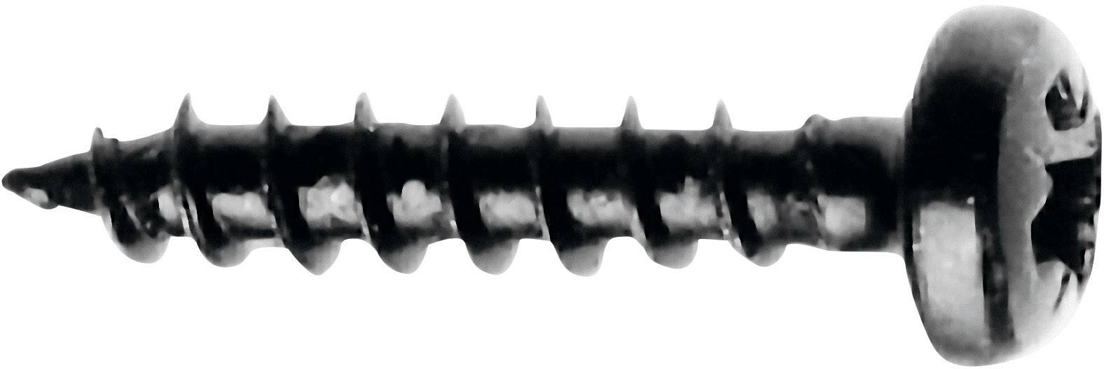 A black metal screw with a cross-head and a coarse thread, suitable for wood or metal fastenings.