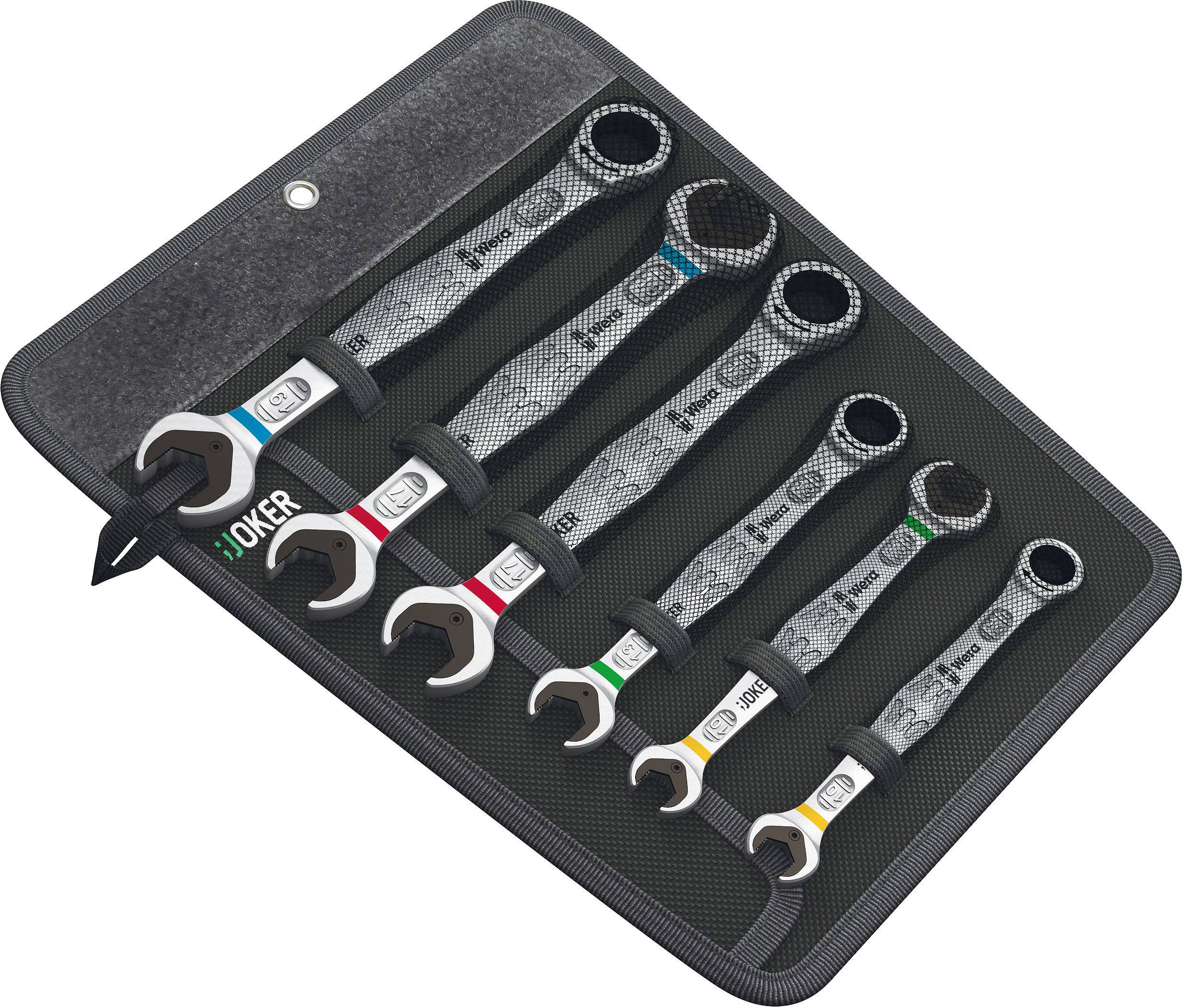 Six-piece spanner set in a black, organised holder. Each spanner has a colour-coded marking.