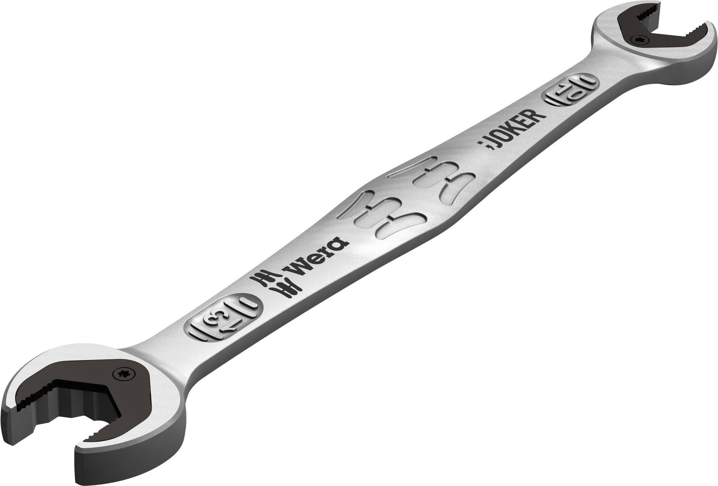A double-ended open-jaw spanner with 'Wera' and 'Joker' printed on it. The tool is silver and suitable for screw-related work.