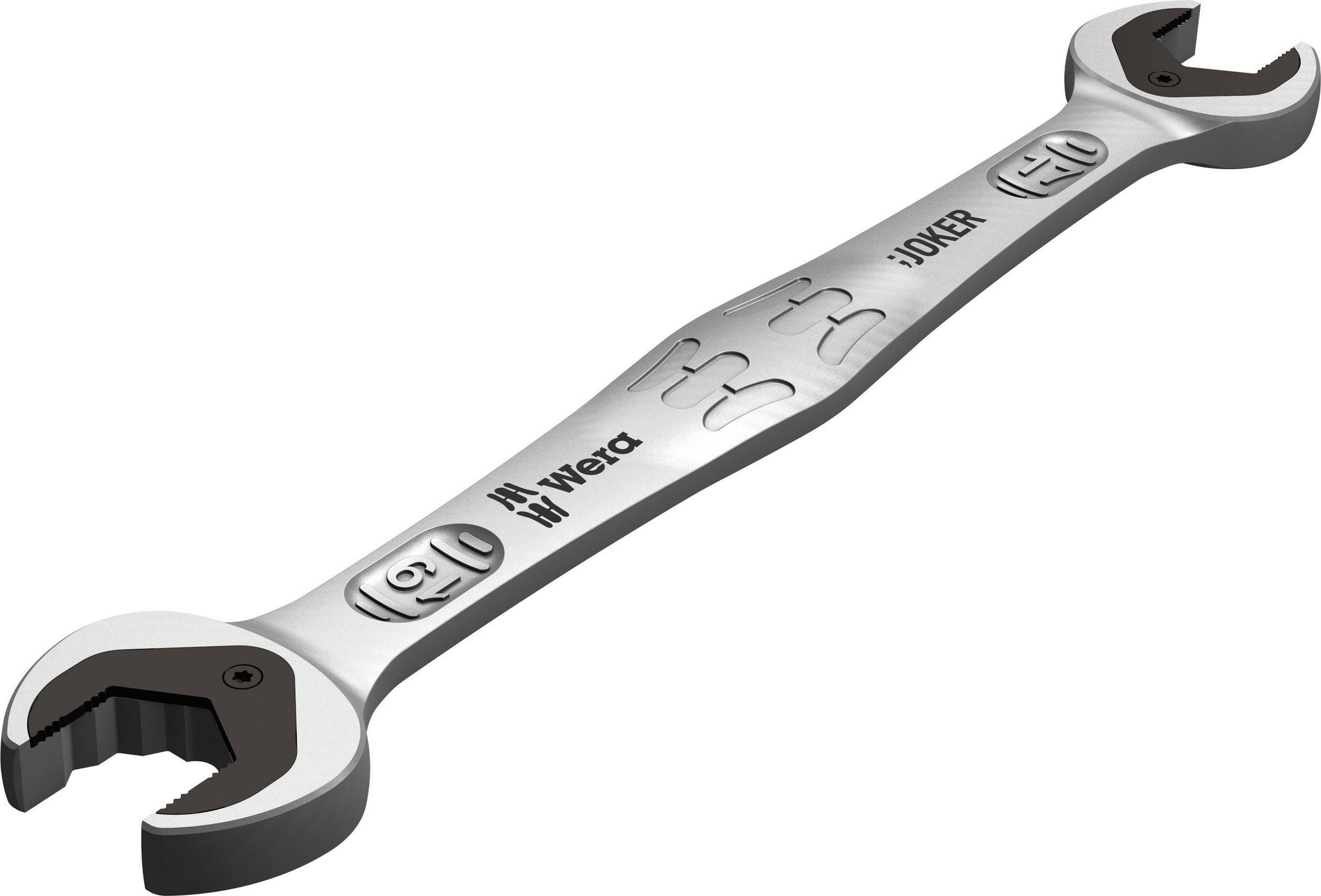 A silver spanner with the inscription 'Wera Joker' with an open-ended wrench on the left and right.