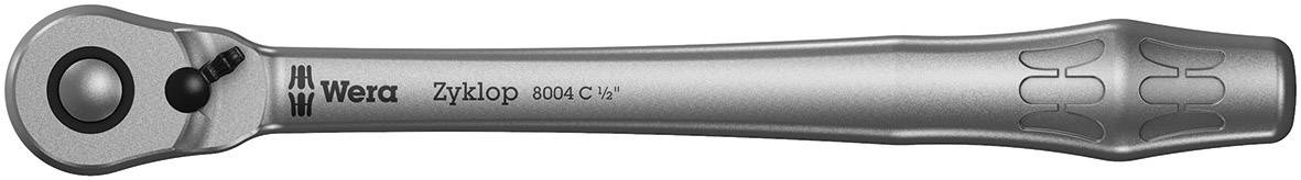 A silver ratchet spanner with an ergonomic handle and a switch lever on the side. Marked 'Wera Zyklop 8000 C 1/4'.
