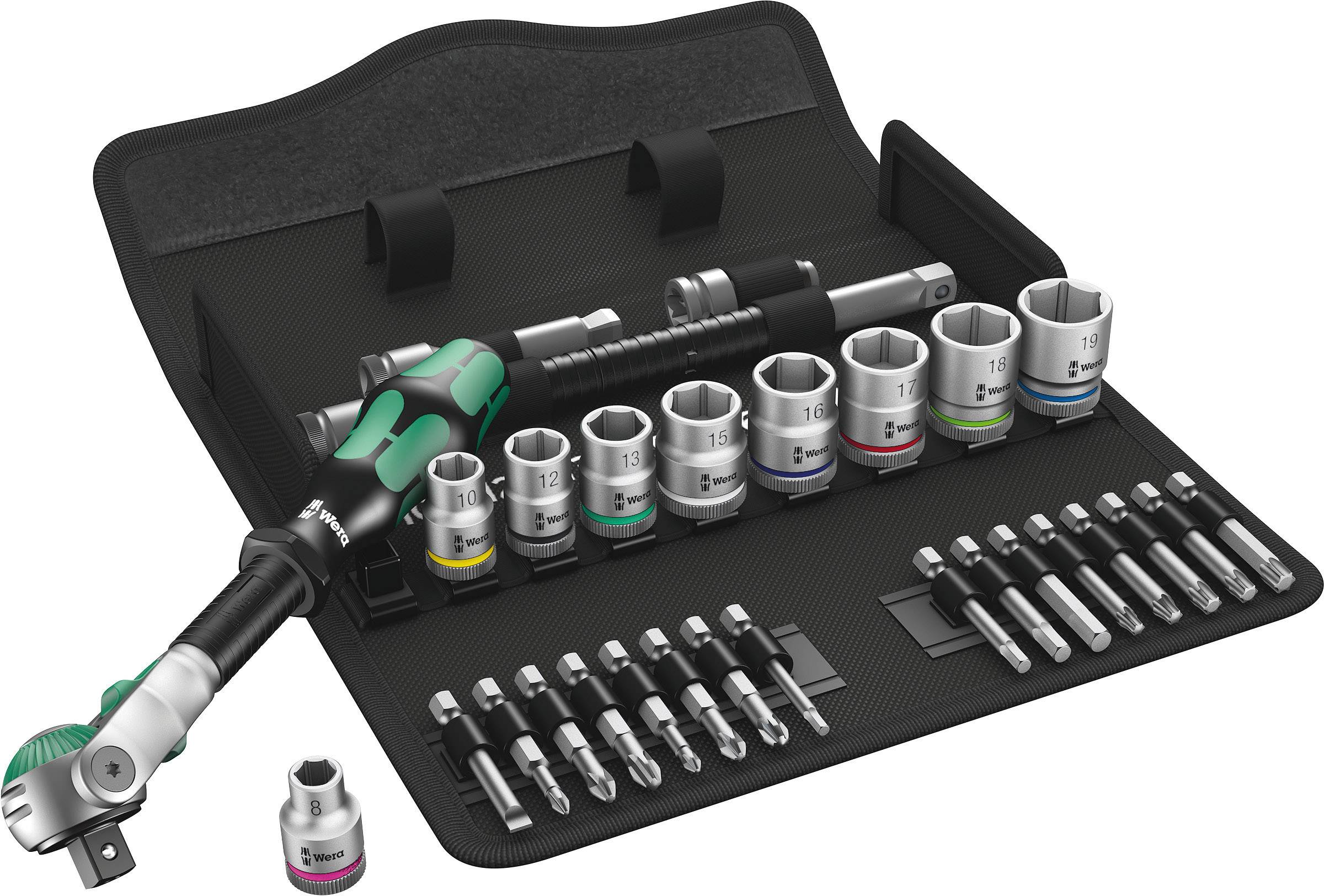 Set of socket wrenches and bits in an open tool bag, organised and numbered, for precise mechanical work.