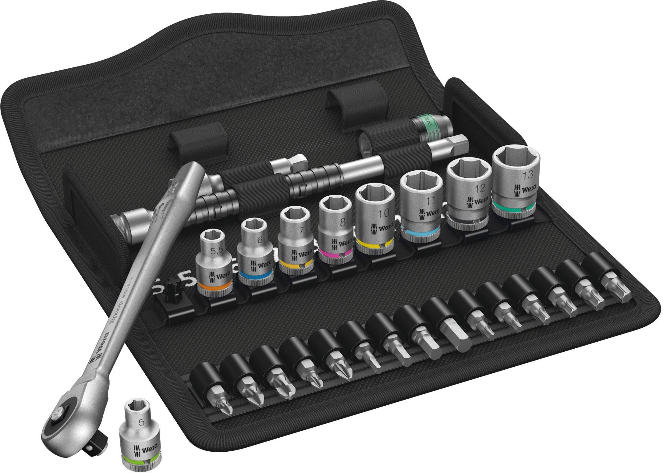 A set of socket wrenches in an open case with multiple sockets and screwdrivers. The tools are marked in different colours.
