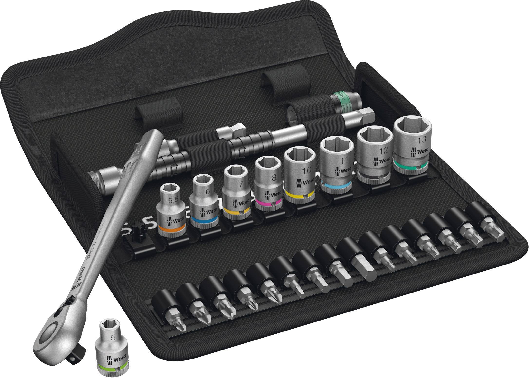 Tool set of socket wrenches and bits in a black case, arranged by size. Includes colour-coded sockets and a ratchet.