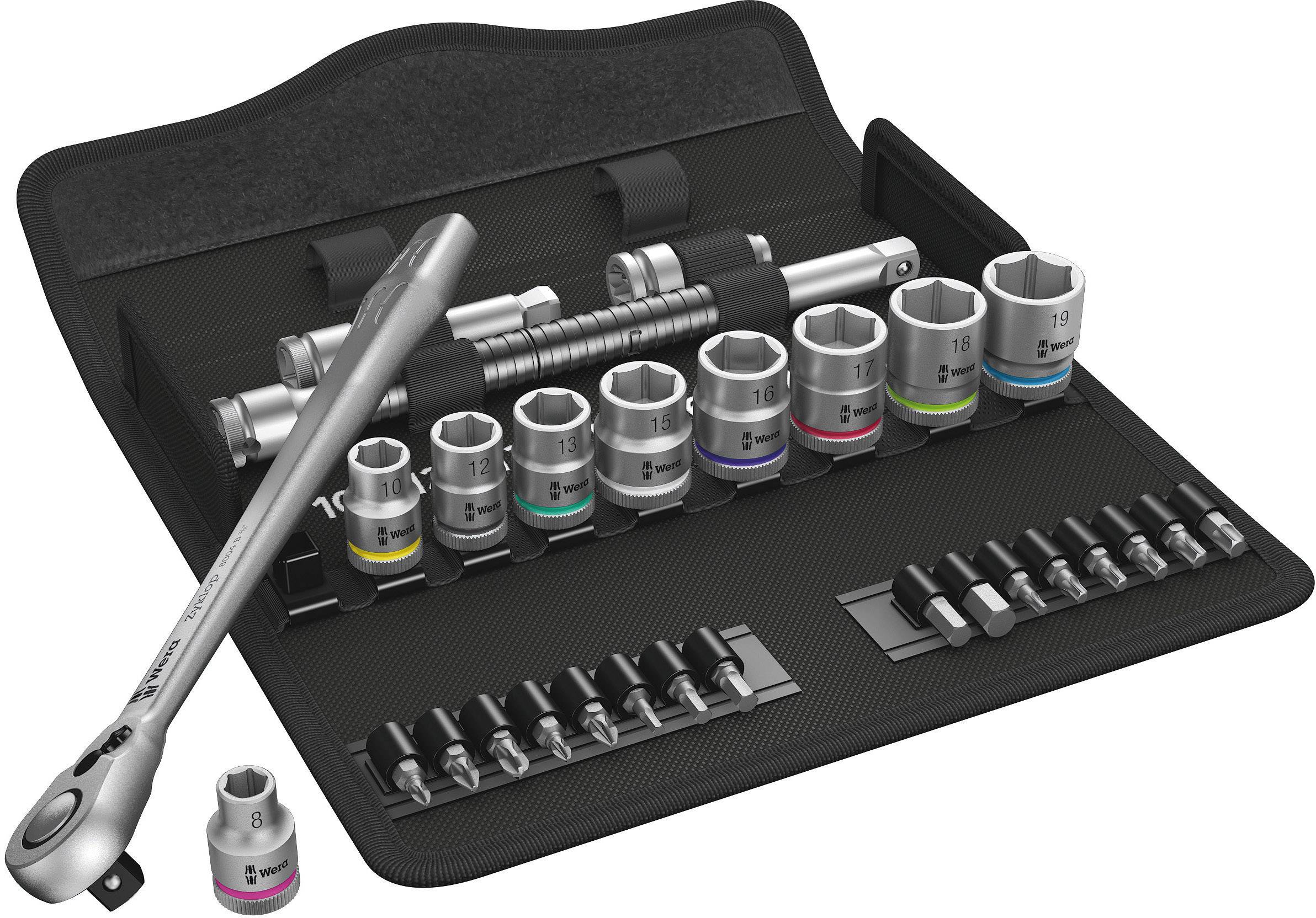 Ratchet spanner set with various socket sizes and bits, presented in a black case.